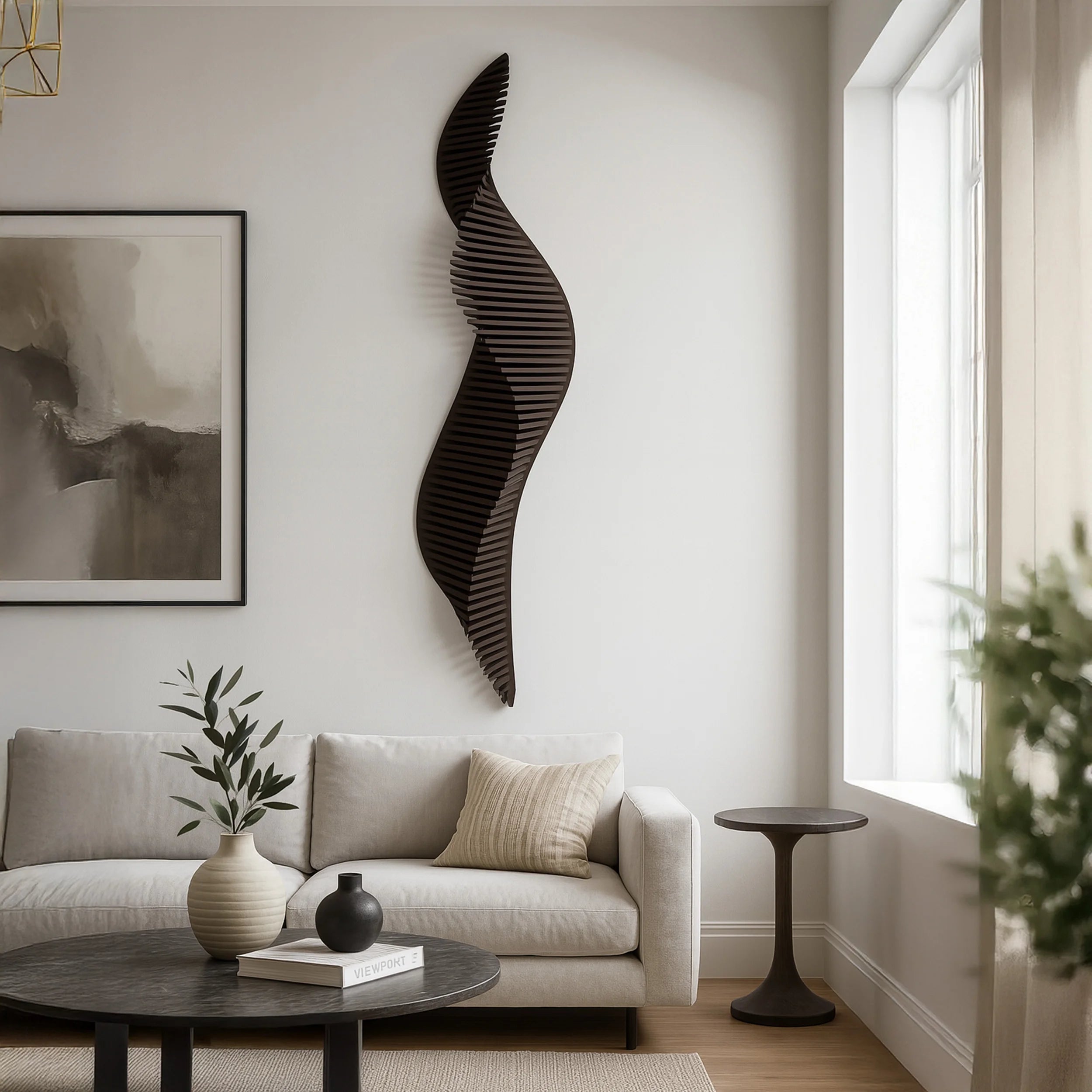 Modern living room with a wavy wall art piece, sofa, and coffee table.