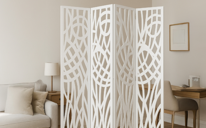 White decorative screen in a room with furniture and decor.