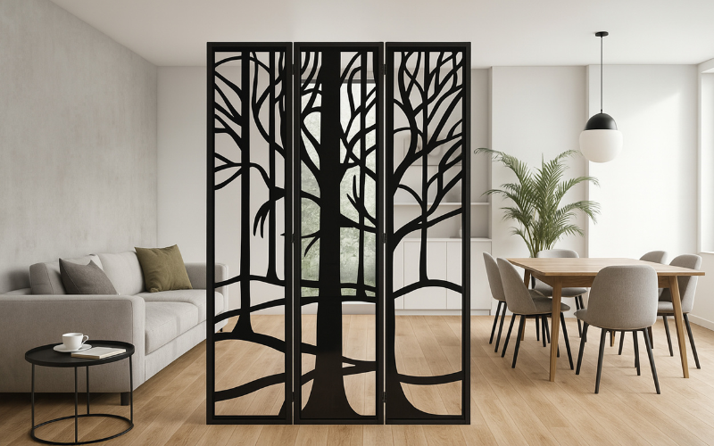 Black tree-patterned room divider in a modern living room with a sofa and dining table.