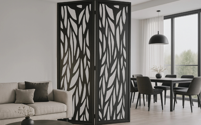 Room divider with decorative pattern in a living room setting