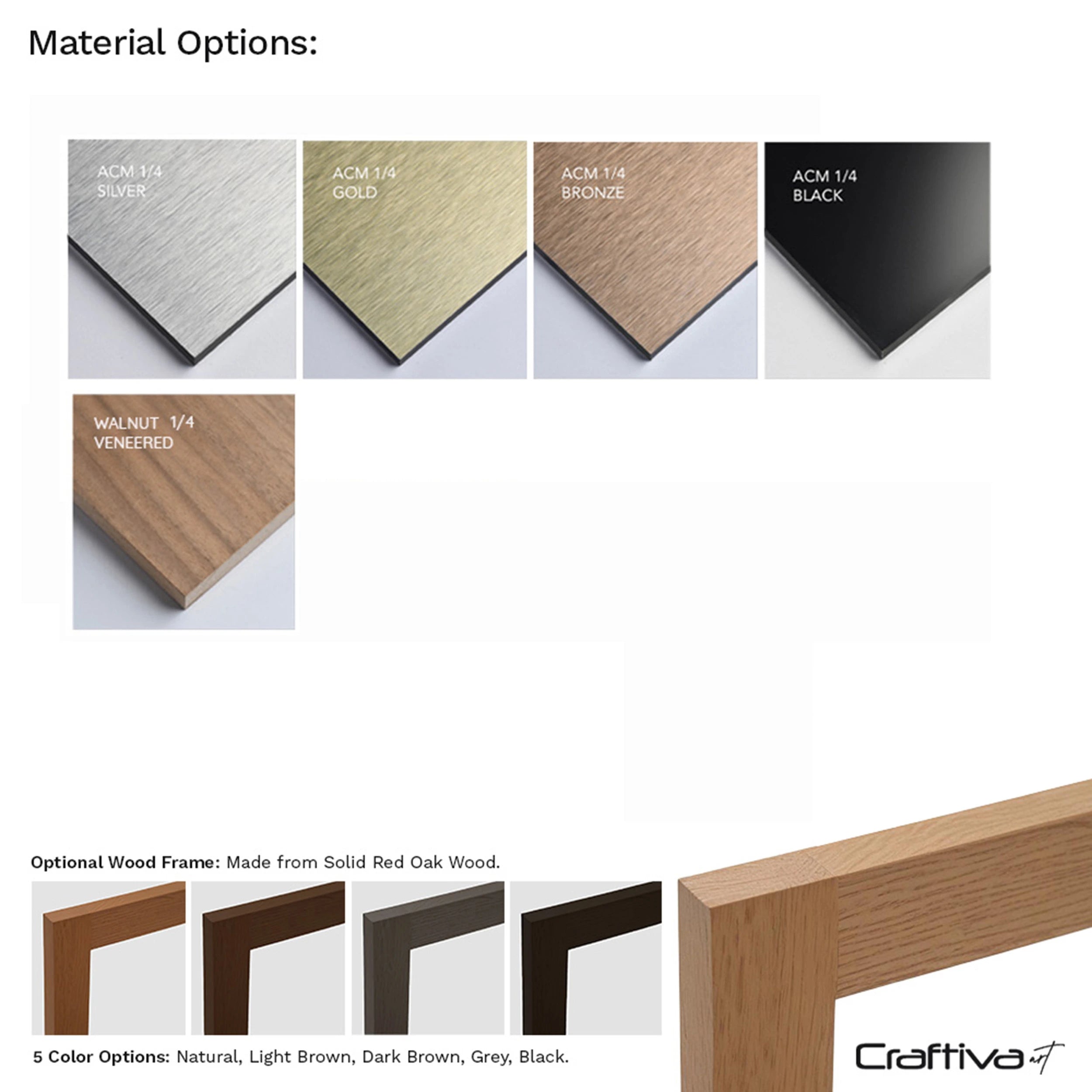 Various material options for a product with color labels and Craftiva branding.