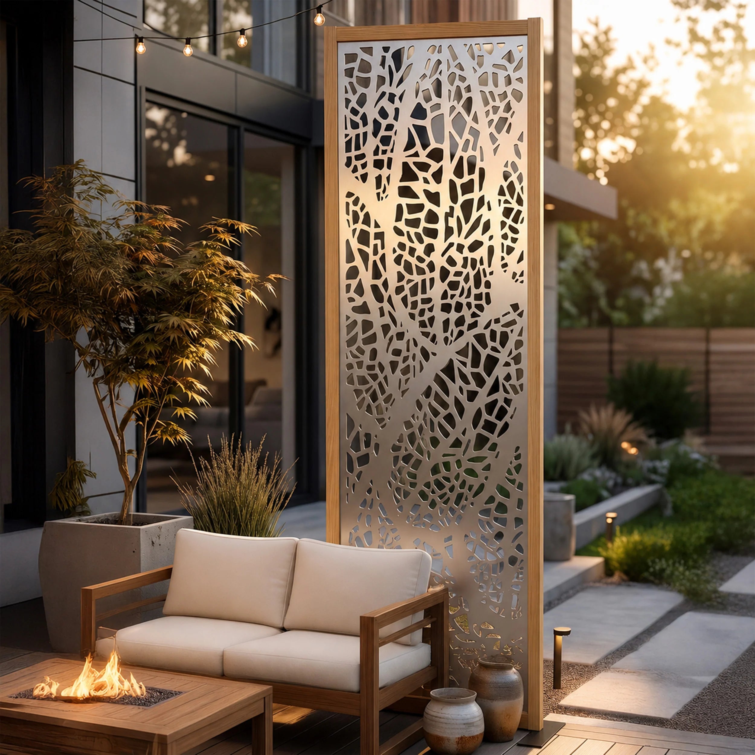 Decorative outdoor screen with a modern patio setup featuring a sofa and fire pit.