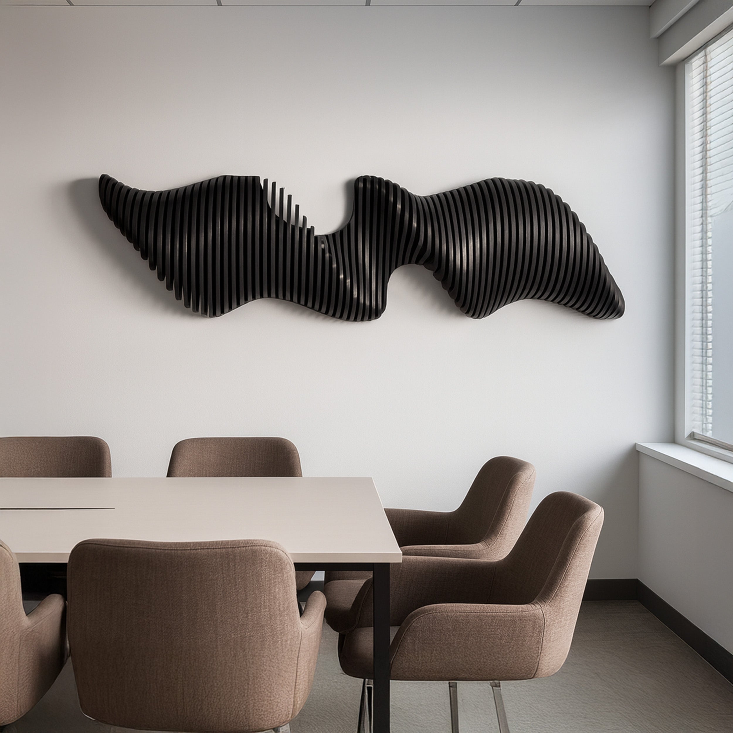 Modern office setting with a unique black wall sculpture and a conference table with chairs.