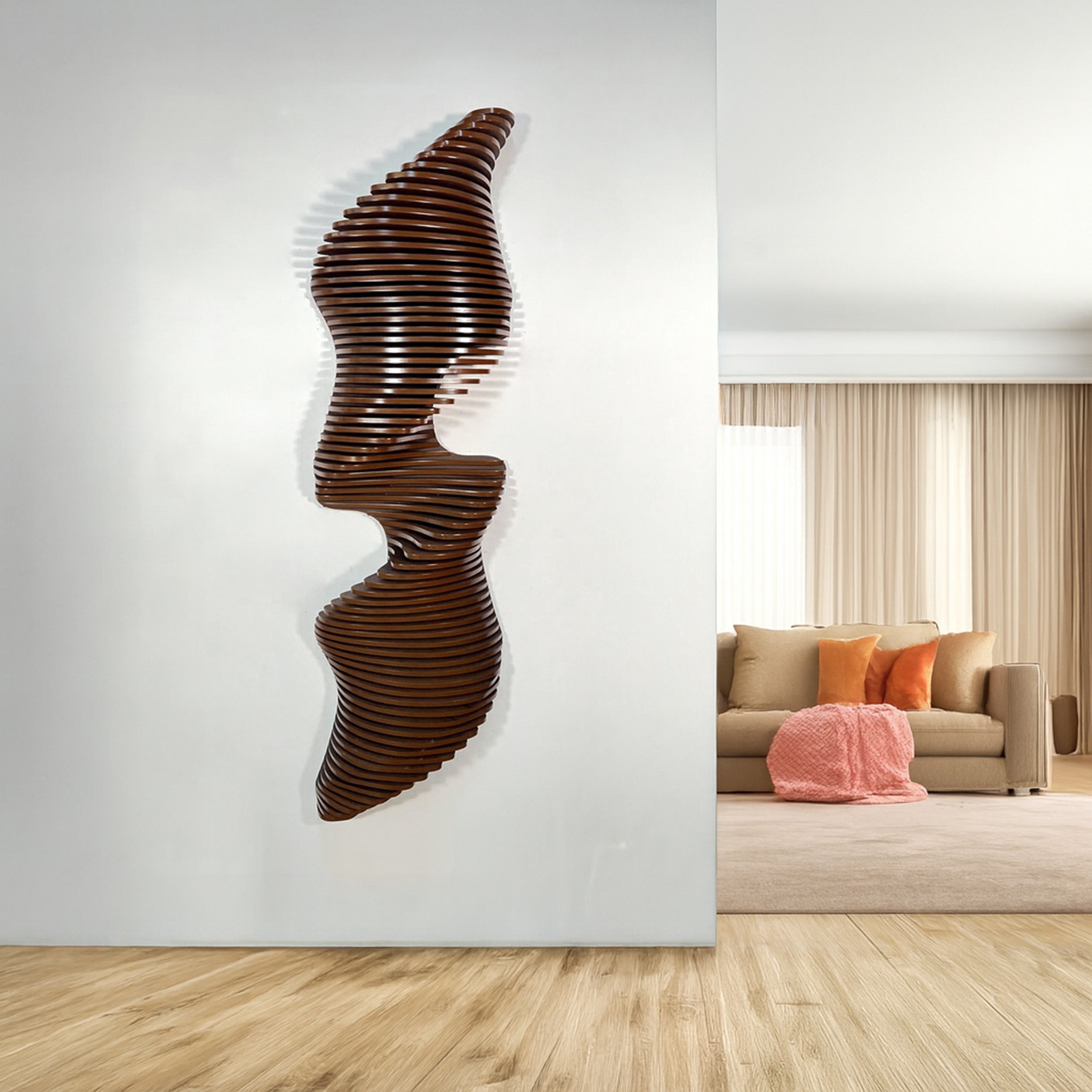Decorative wall sculpture on a white wall with a living room in the background