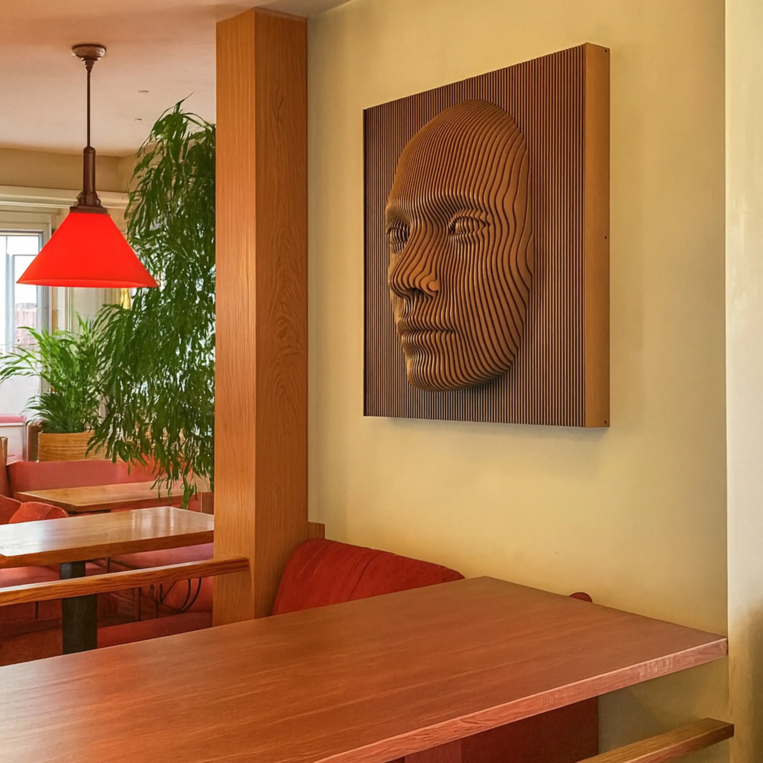 Restaurant interior with wooden table, red pendant light, and wall art of a face.