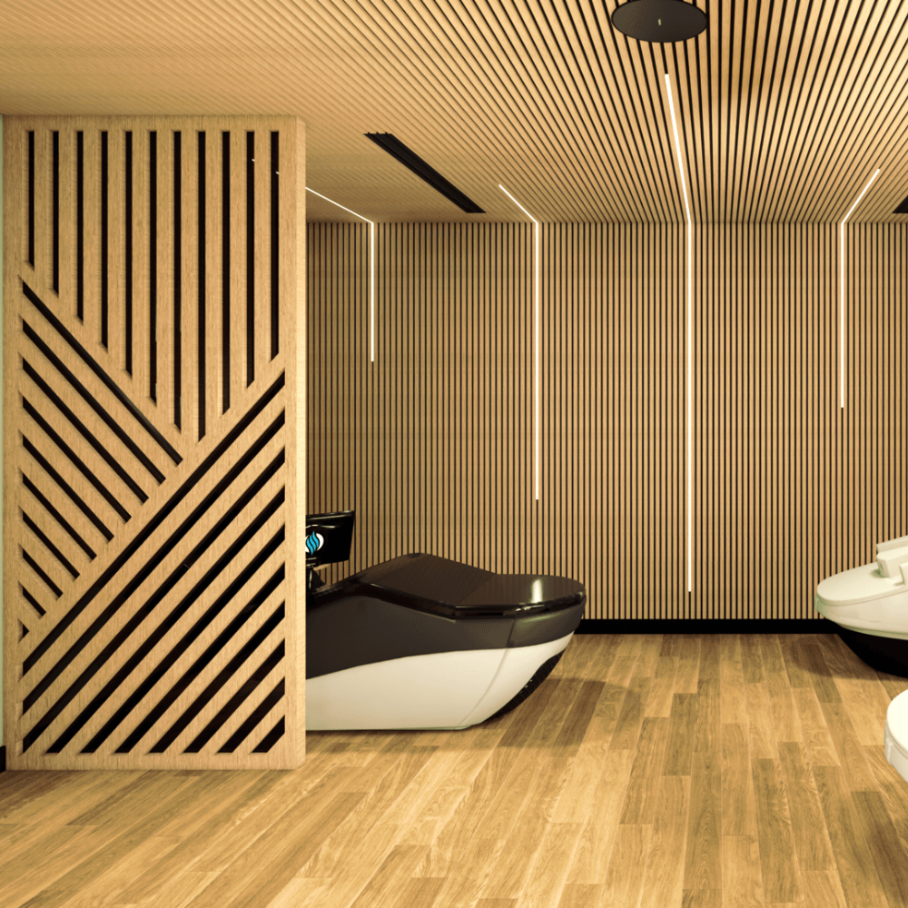 Modern interior design with wooden paneling and a black and white chair.