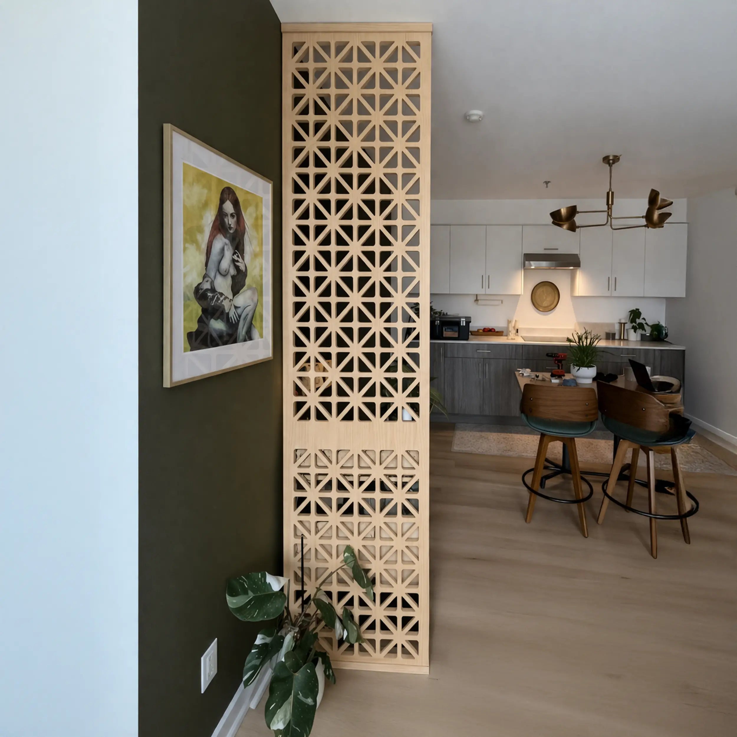 Room divider with geometric pattern in a modern kitchen setting