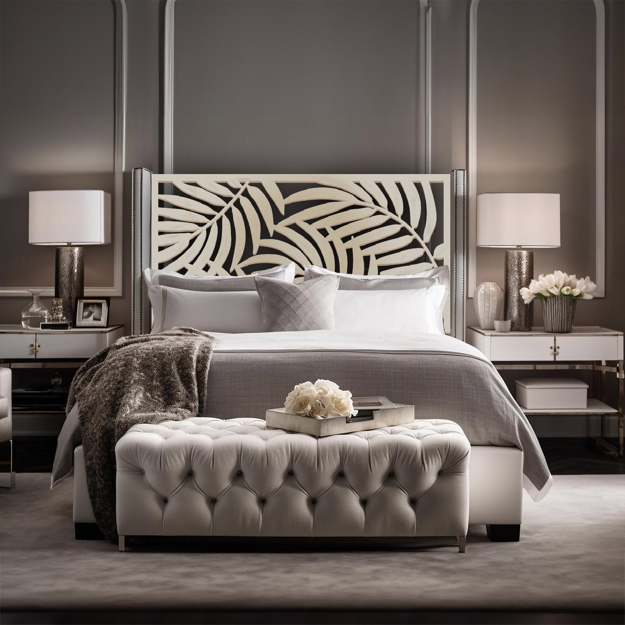 Custom design headboard, Bedroom decor, Crescent-shaped crown, Headboard