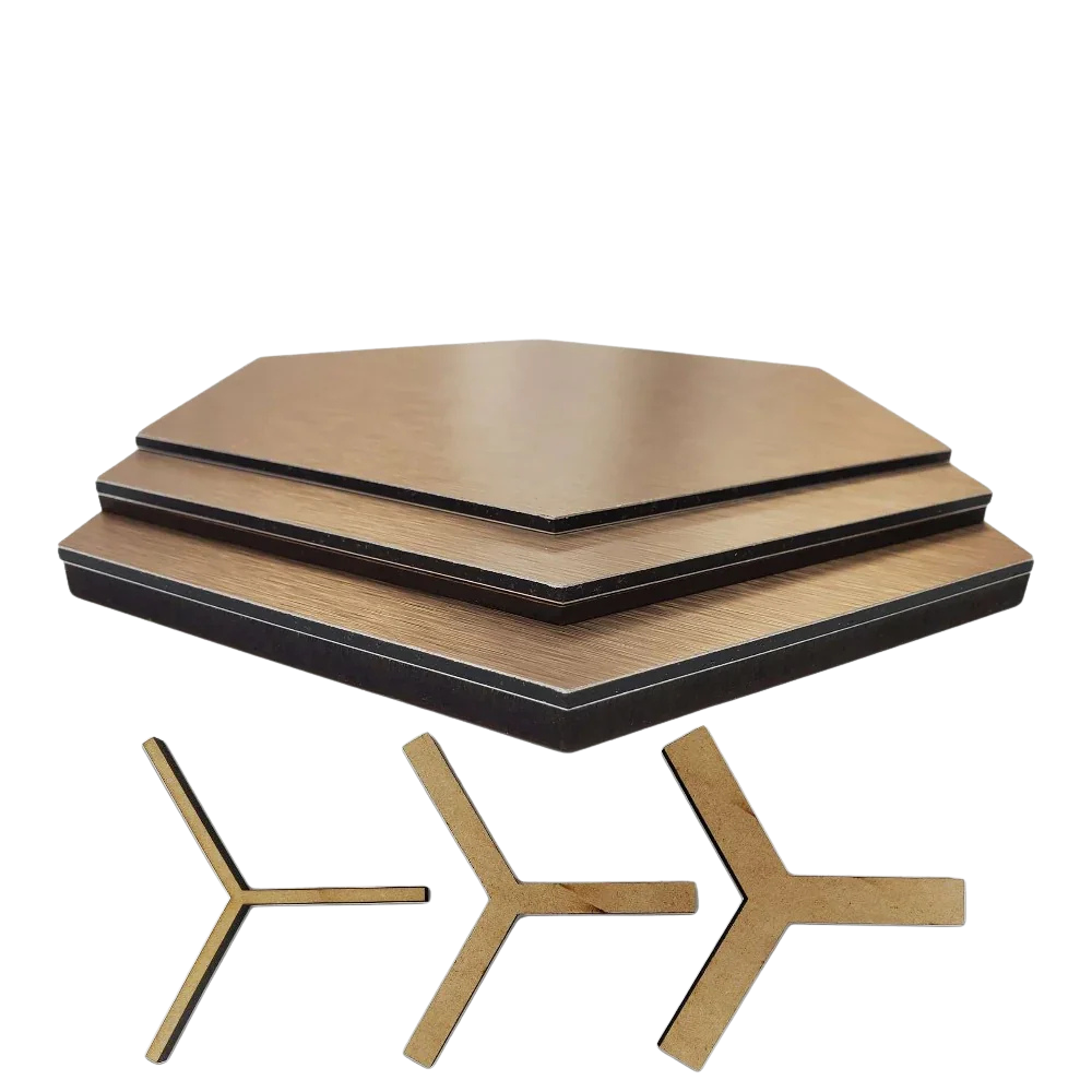 Hexagonal wooden table with three stacked levels and three metal legs on a white background