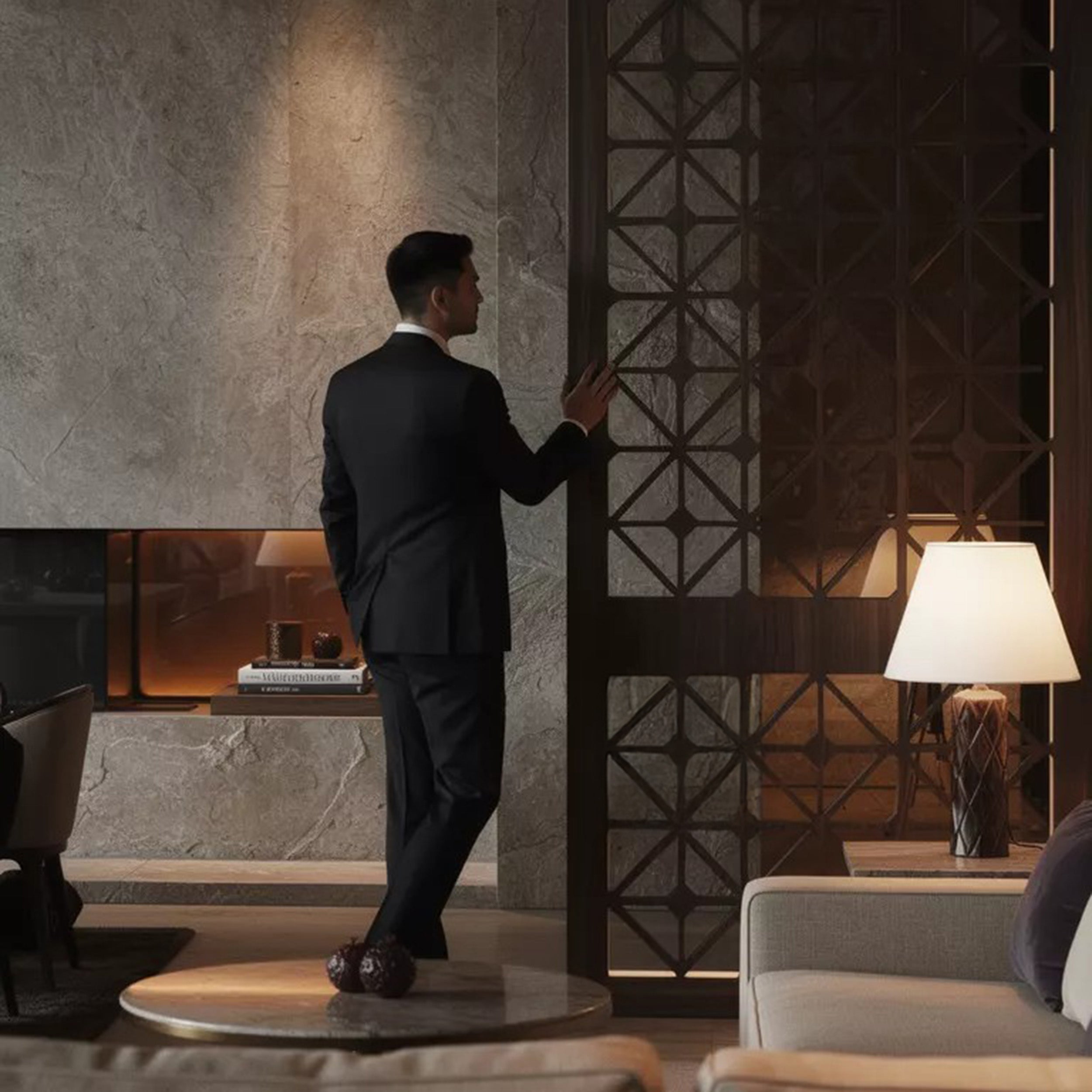 Man in a suit standing in a stylish interior setting with decorative wall and furniture.
