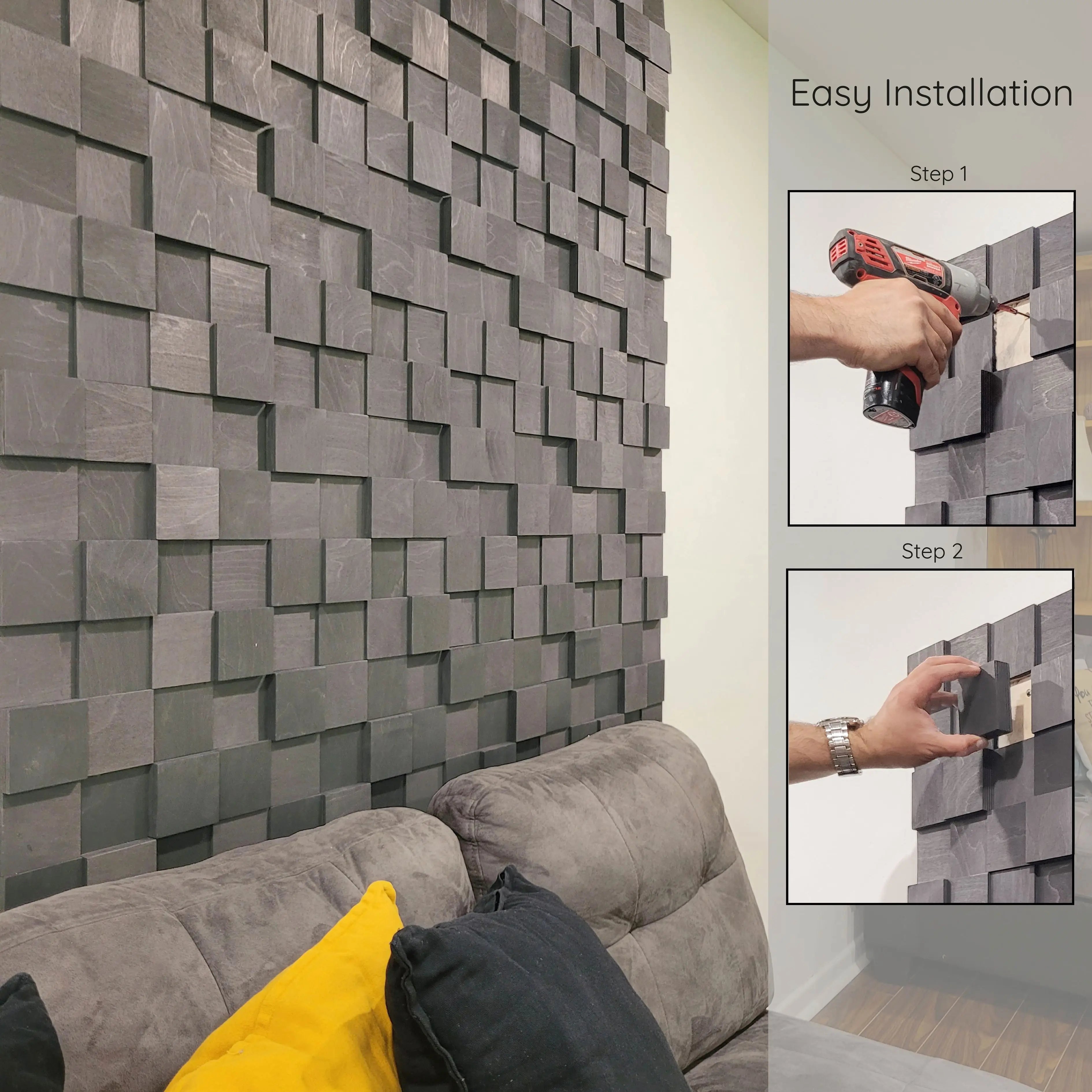 3D wall panel installation process with a sofa and decorative pillows in the background.