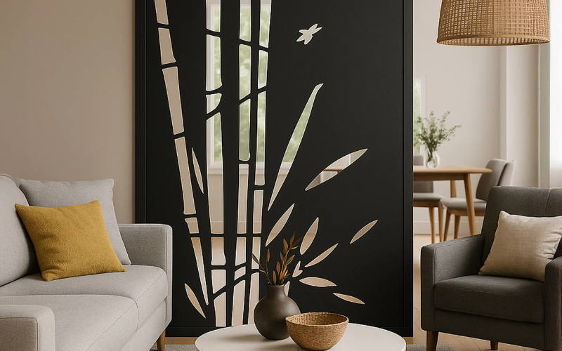Living room with a decorative screen featuring bamboo design