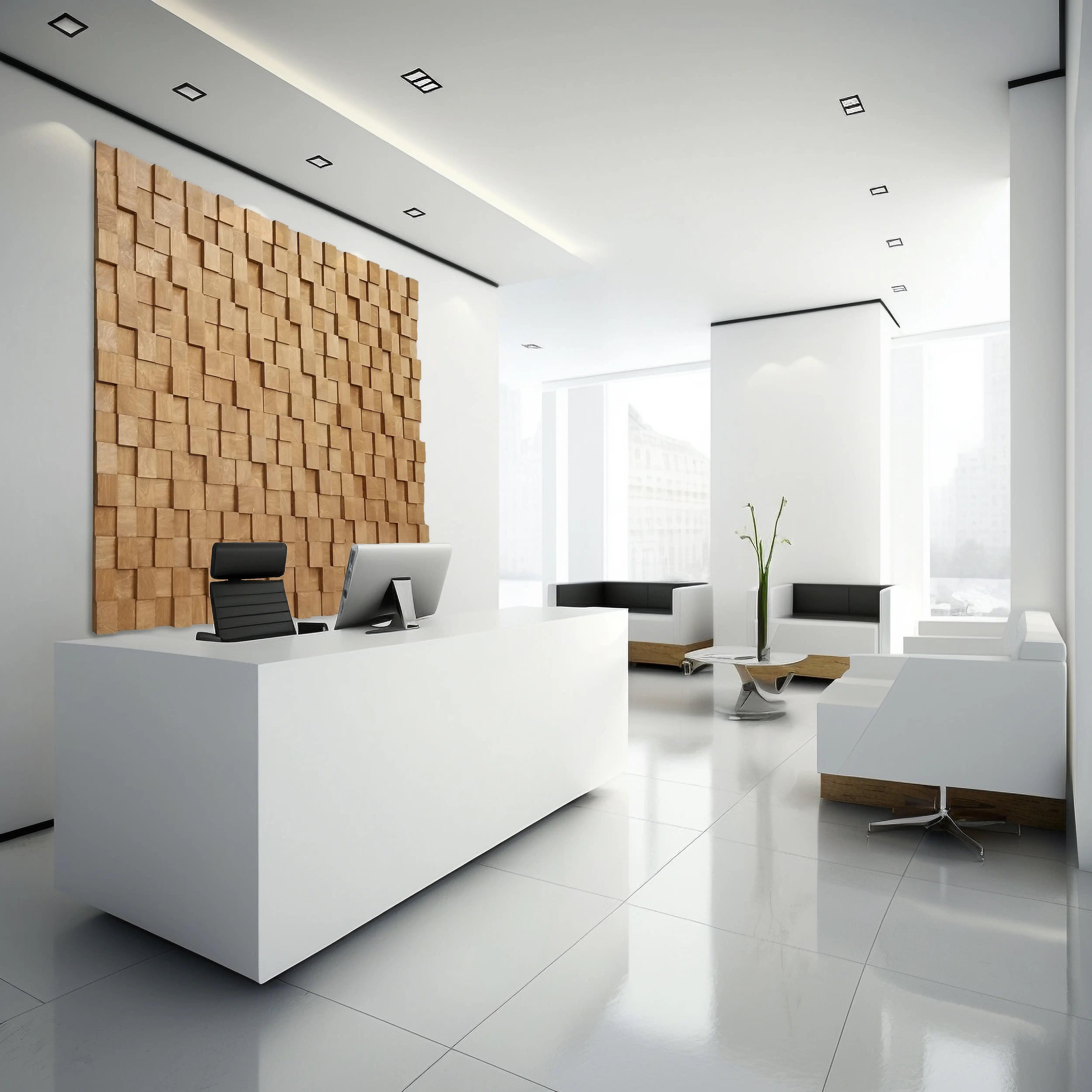 Modern office interior with a reception desk and wooden wall panel.