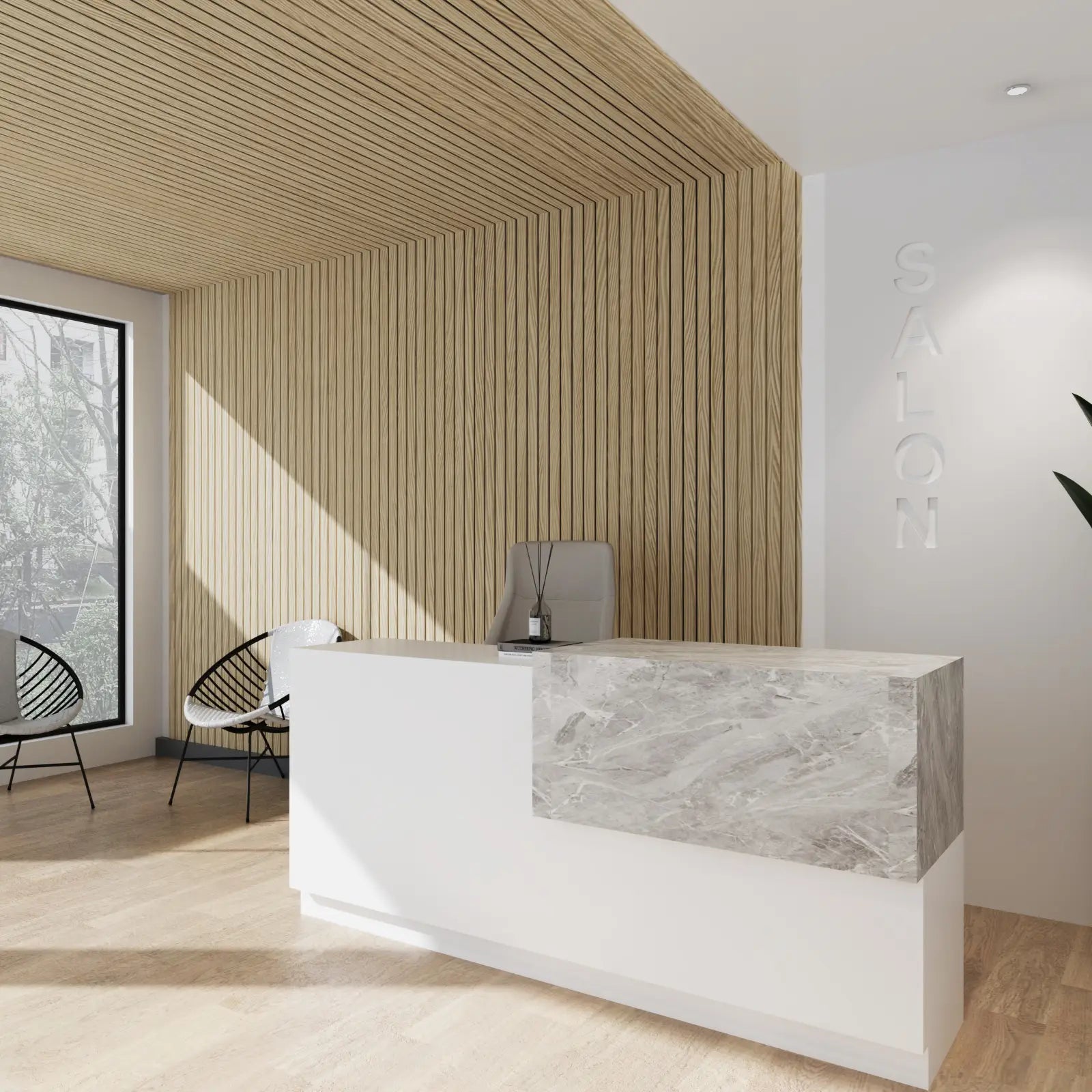 Modern interior with a reception desk and 'Salon' sign on the wall.