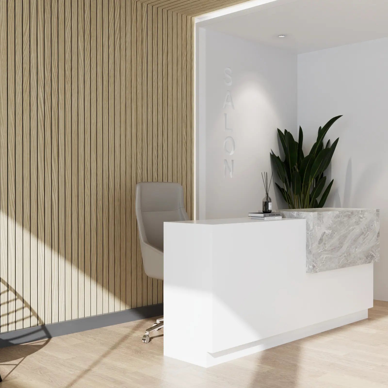 Modern office reception area with a white desk, chair, and decorative plant.