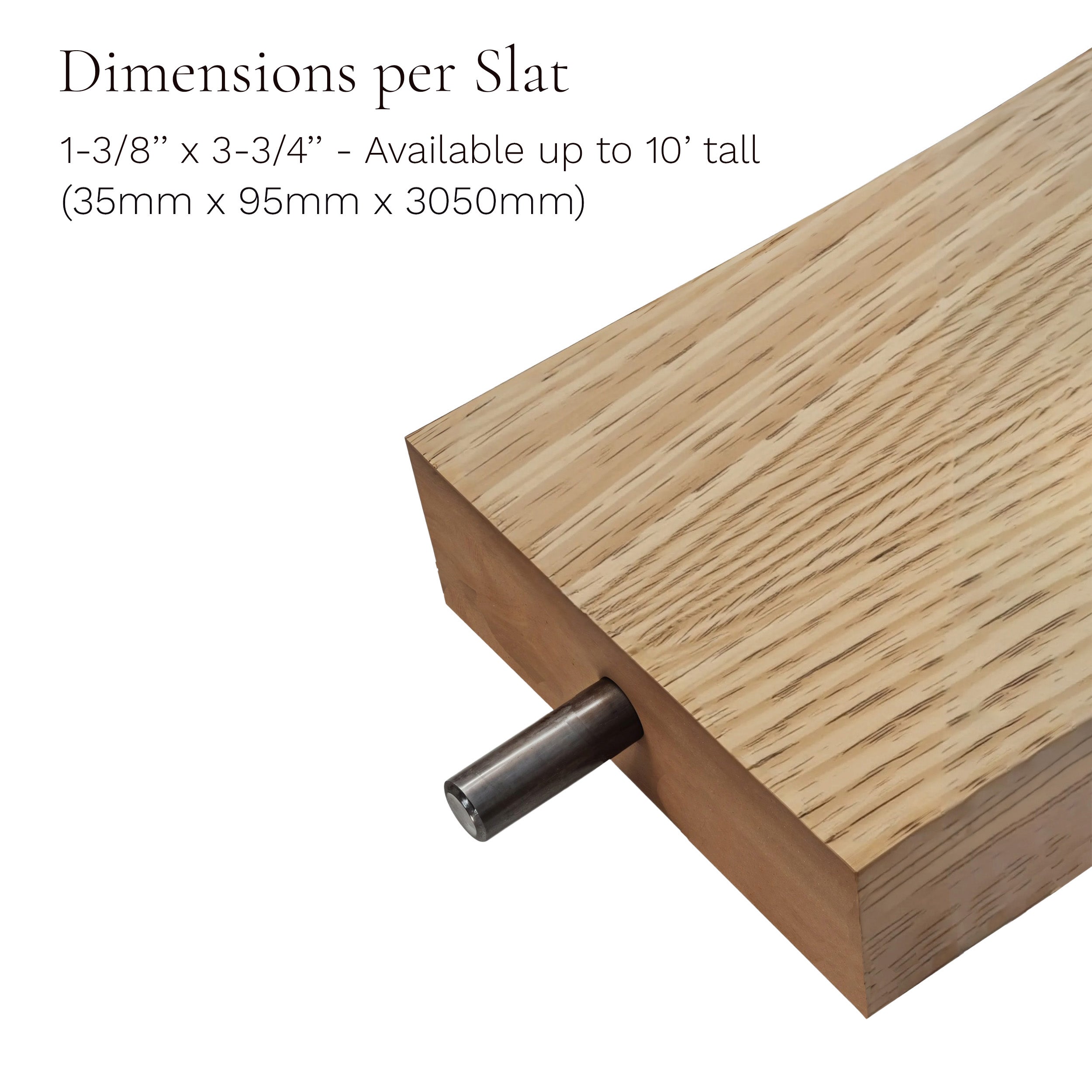 Wooden slat with dimensions and availability details on a white background