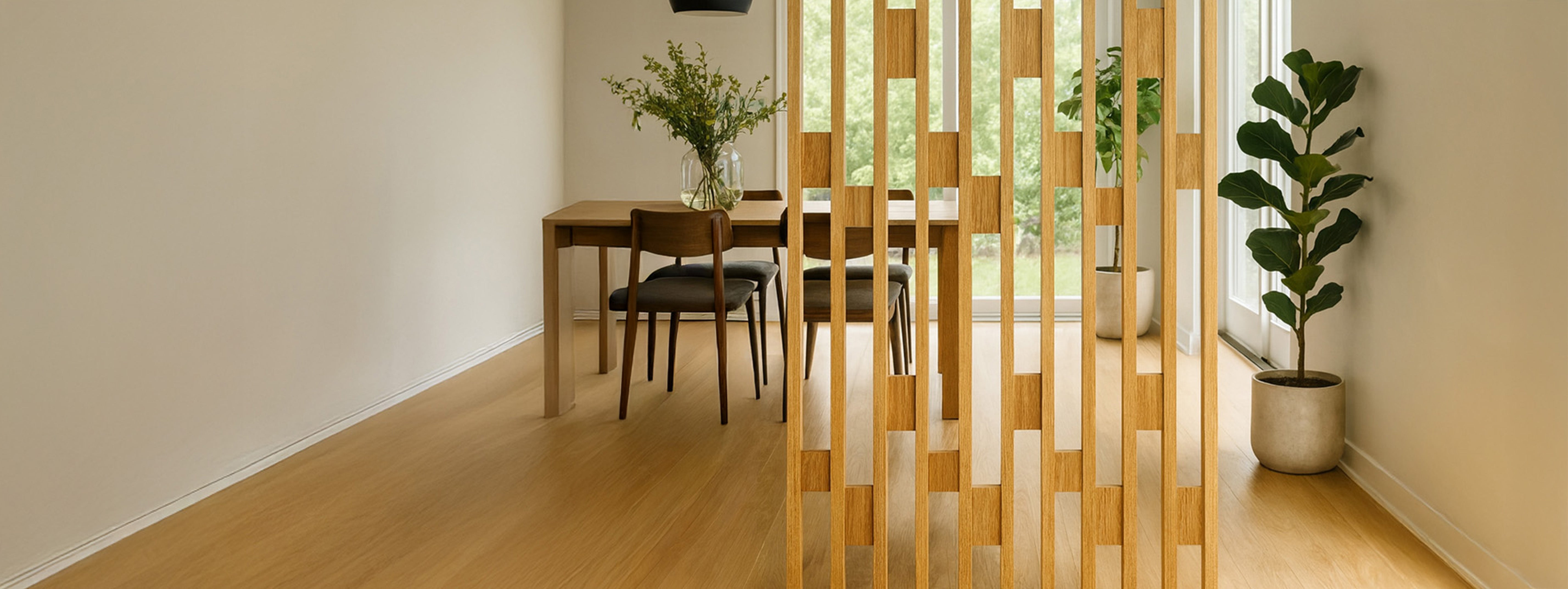 Dining room with wooden floor, table, chairs, and a decorative screen.