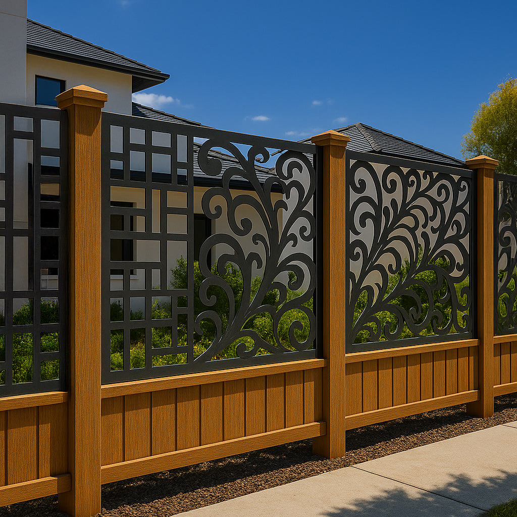 aluminum composite, privacy panel, modern outdoor, stylish black, decorative fence, laser cut, garden fence, contemporary design, metal screen, yard privacy