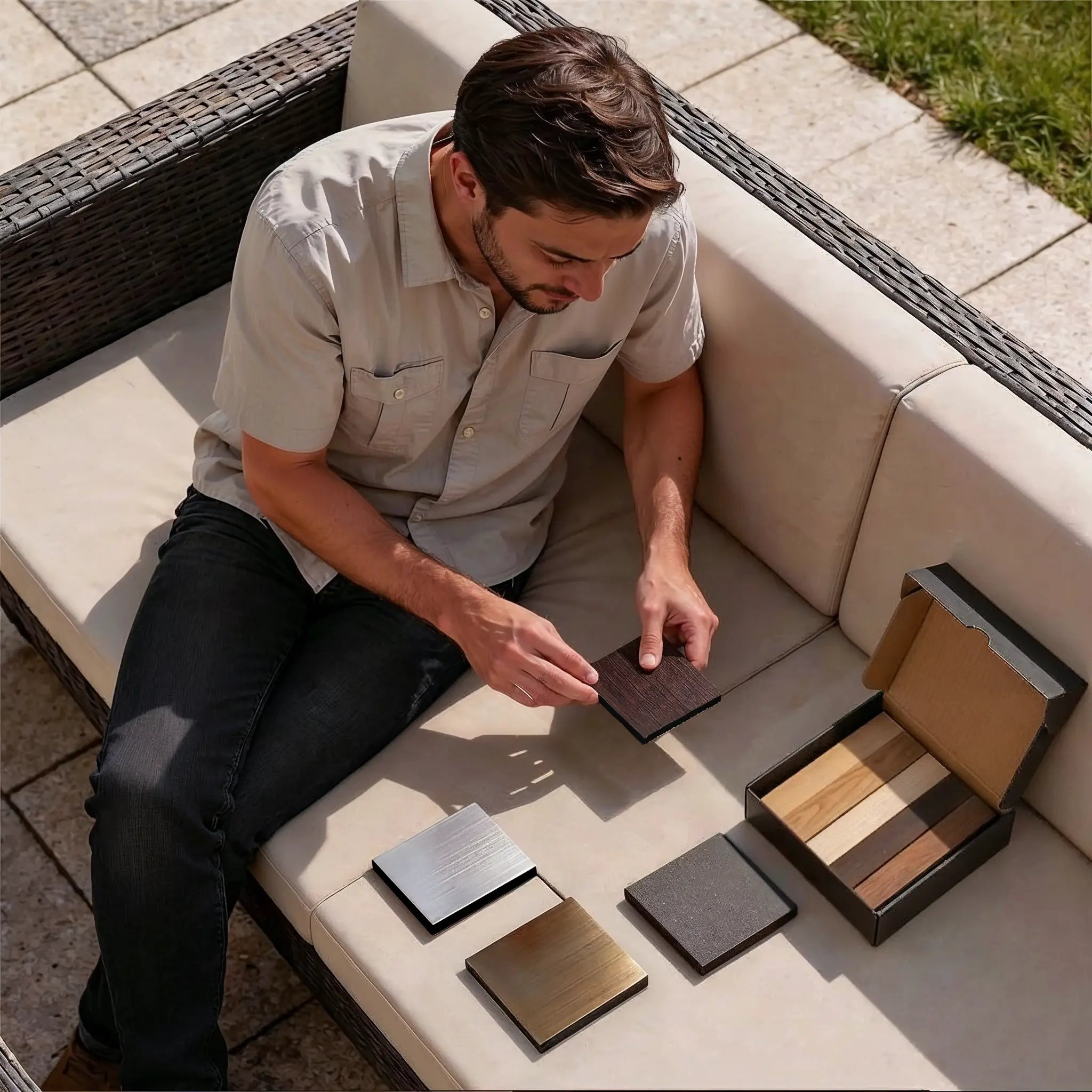 Man sitting on a patio with color swatches and a box of wood samples.