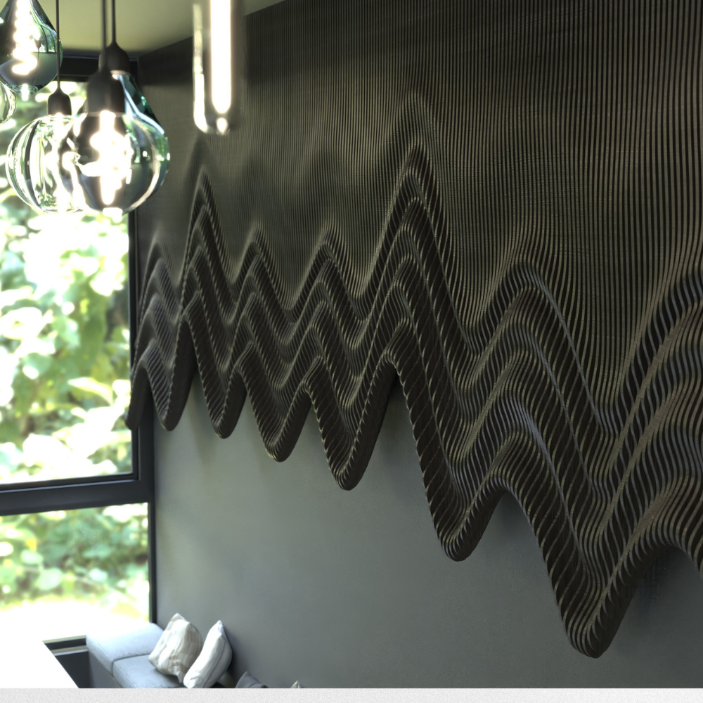 Wavy patterned wall art on a gray wall with a window and light fixture in the background.