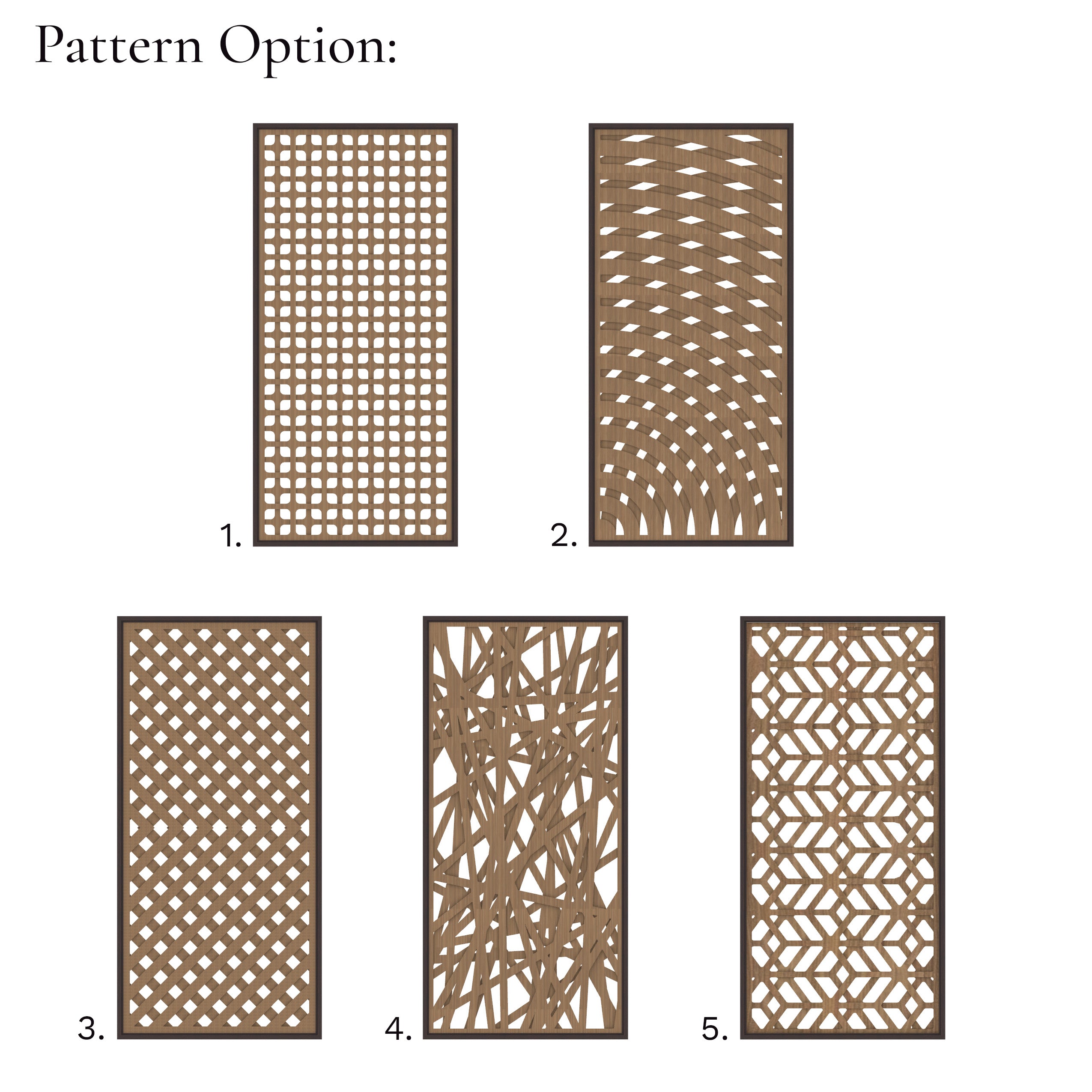 Five different patterns of decorative metal screens on a white background