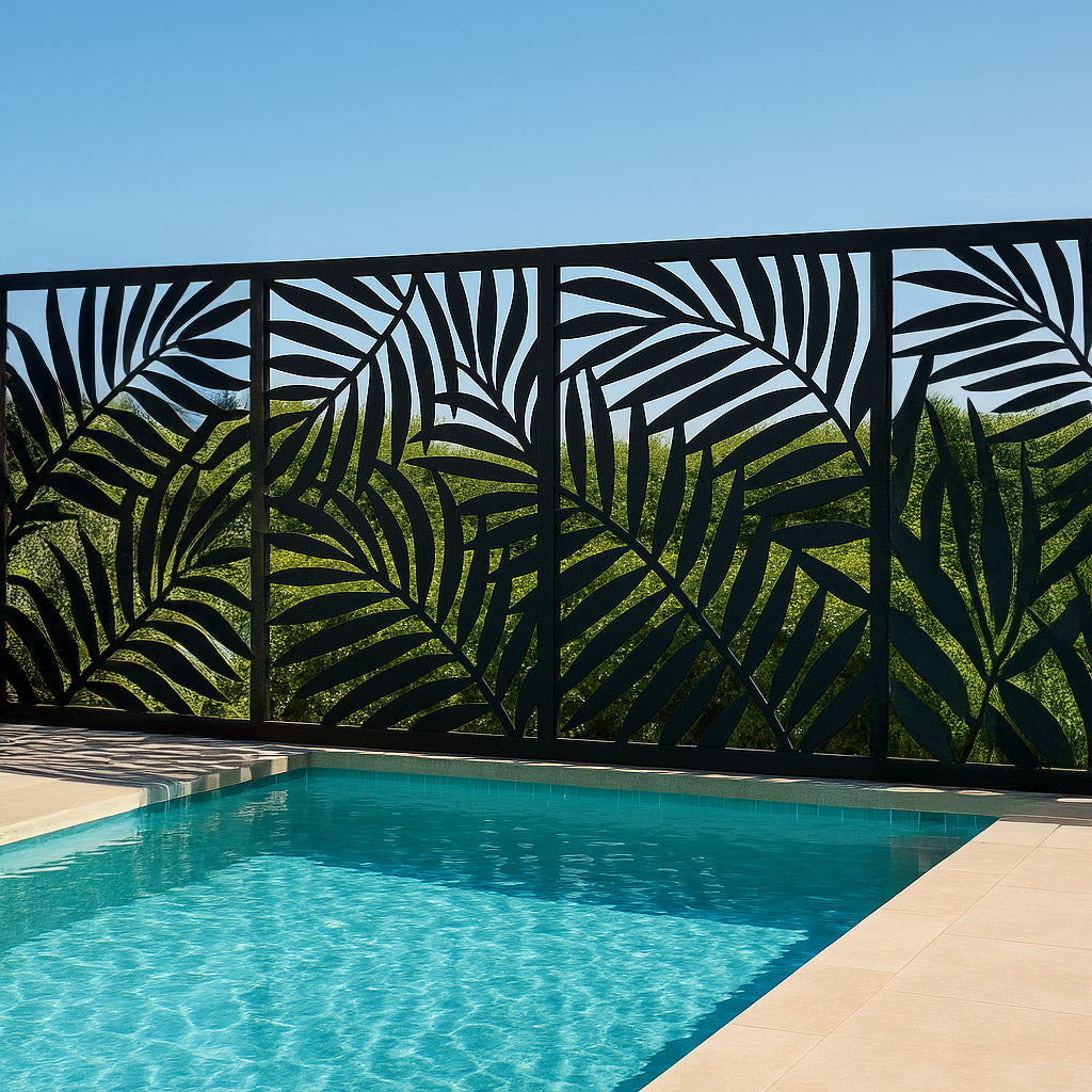 pool privacy fence, outdoor privacy panels, poolside screen, aluminum pool fence, decorative pool panels, privacy screen for pool, modern pool fencing, pool enclosure panels, backyard pool privacy, pool area divider, custom pool fence, black metal pool screen, stylish pool privacy, contemporary pool fencing, luxury pool privacy screen