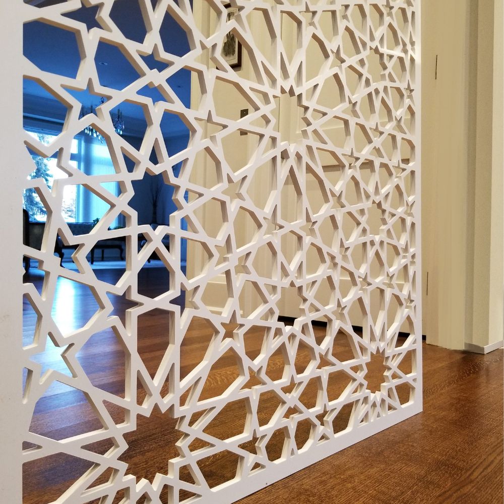 Decorative white lattice panel in a room setting