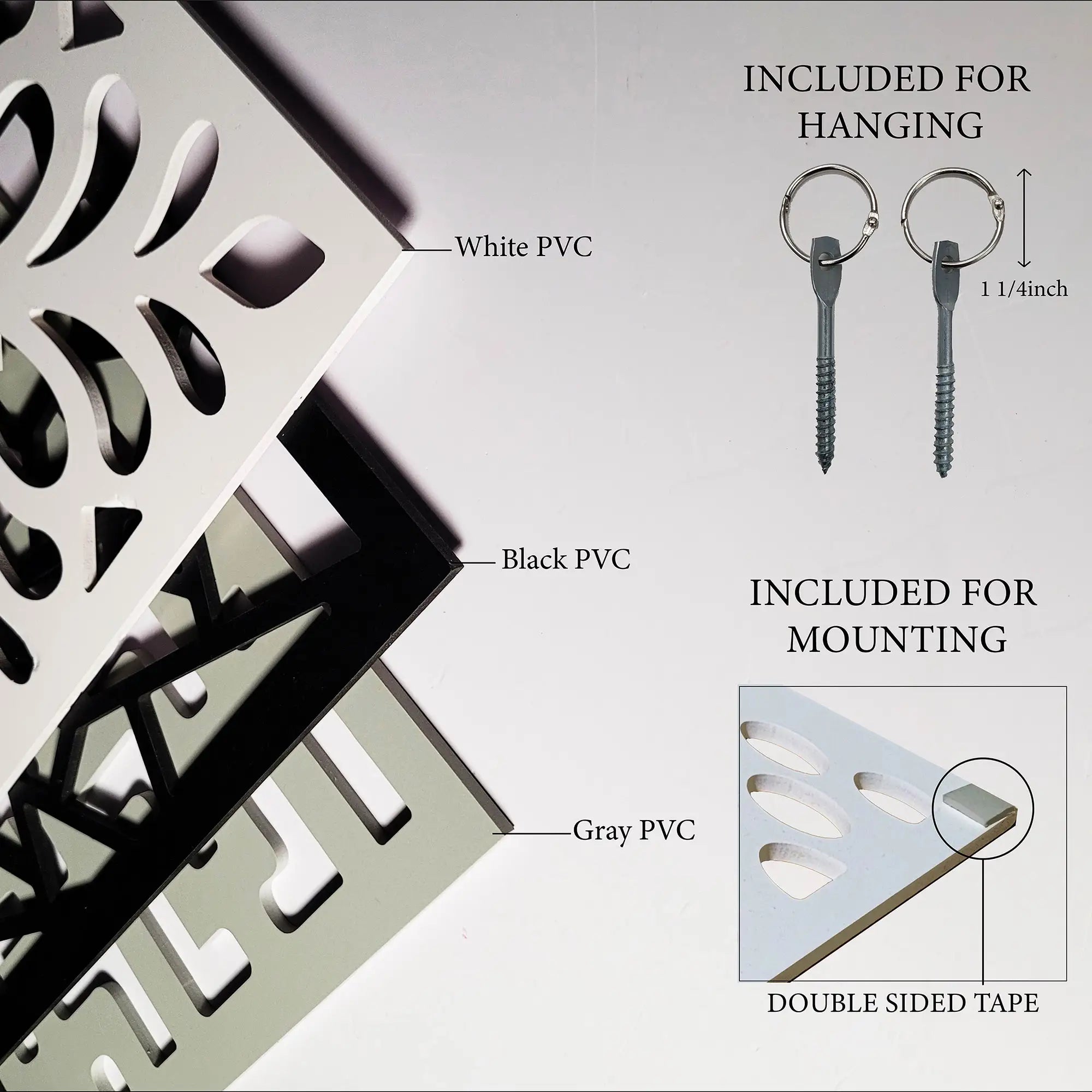 Decorative wall panel with mounting hardware and color options on a white background