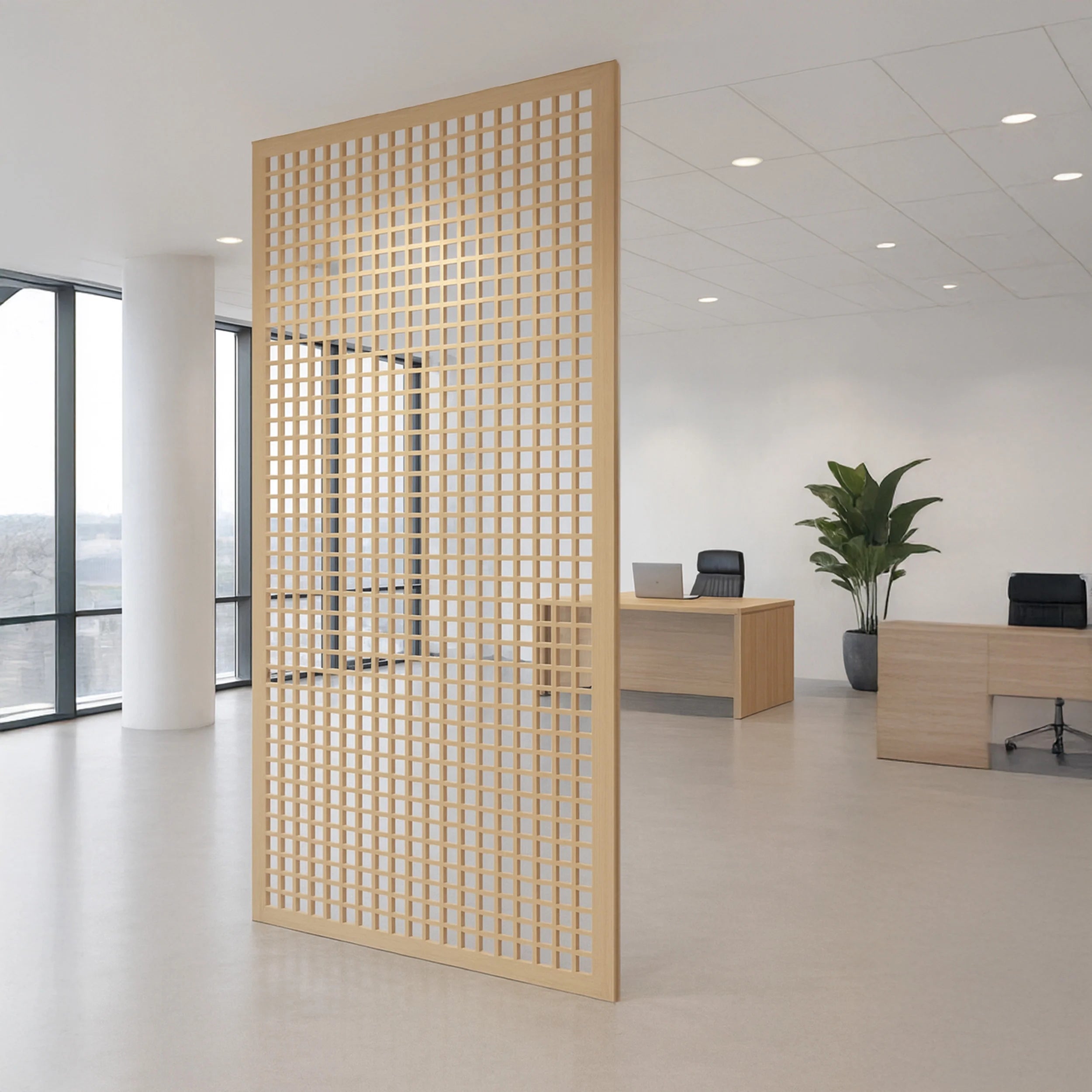 Wooden lattice room divider in an office setting with desks and chairs.