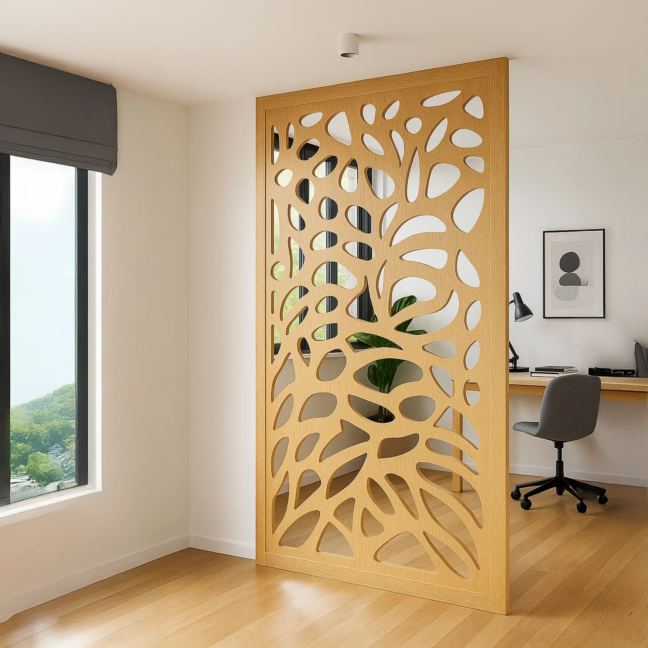 Wooden decorative screen in a room with a desk and window