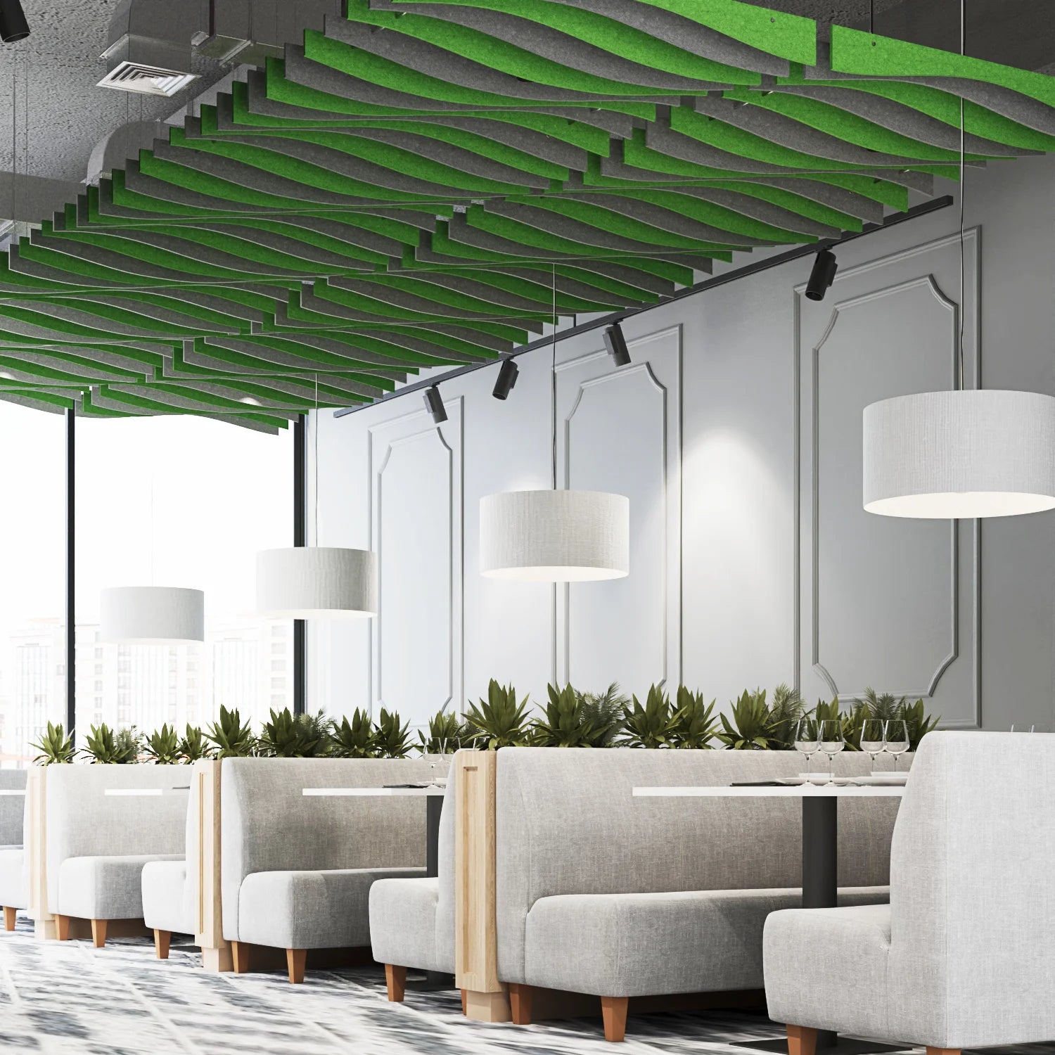 Modern office interior with green ceiling design, gray walls, and white chairs.