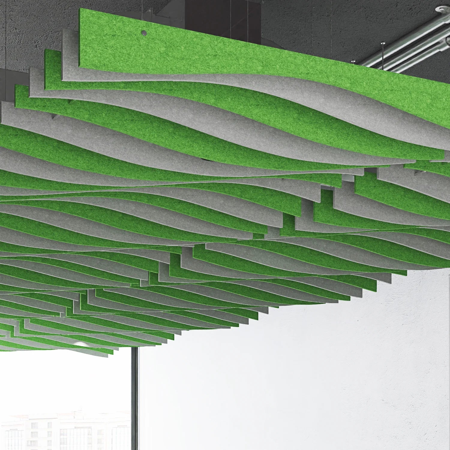Green and gray wavy acoustic panels on a white background