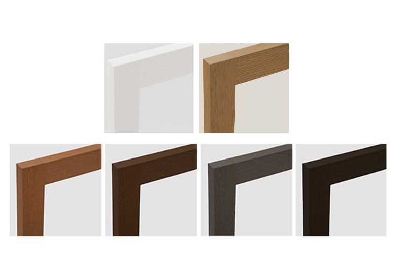 Set of wooden picture frames in different colors on a white background