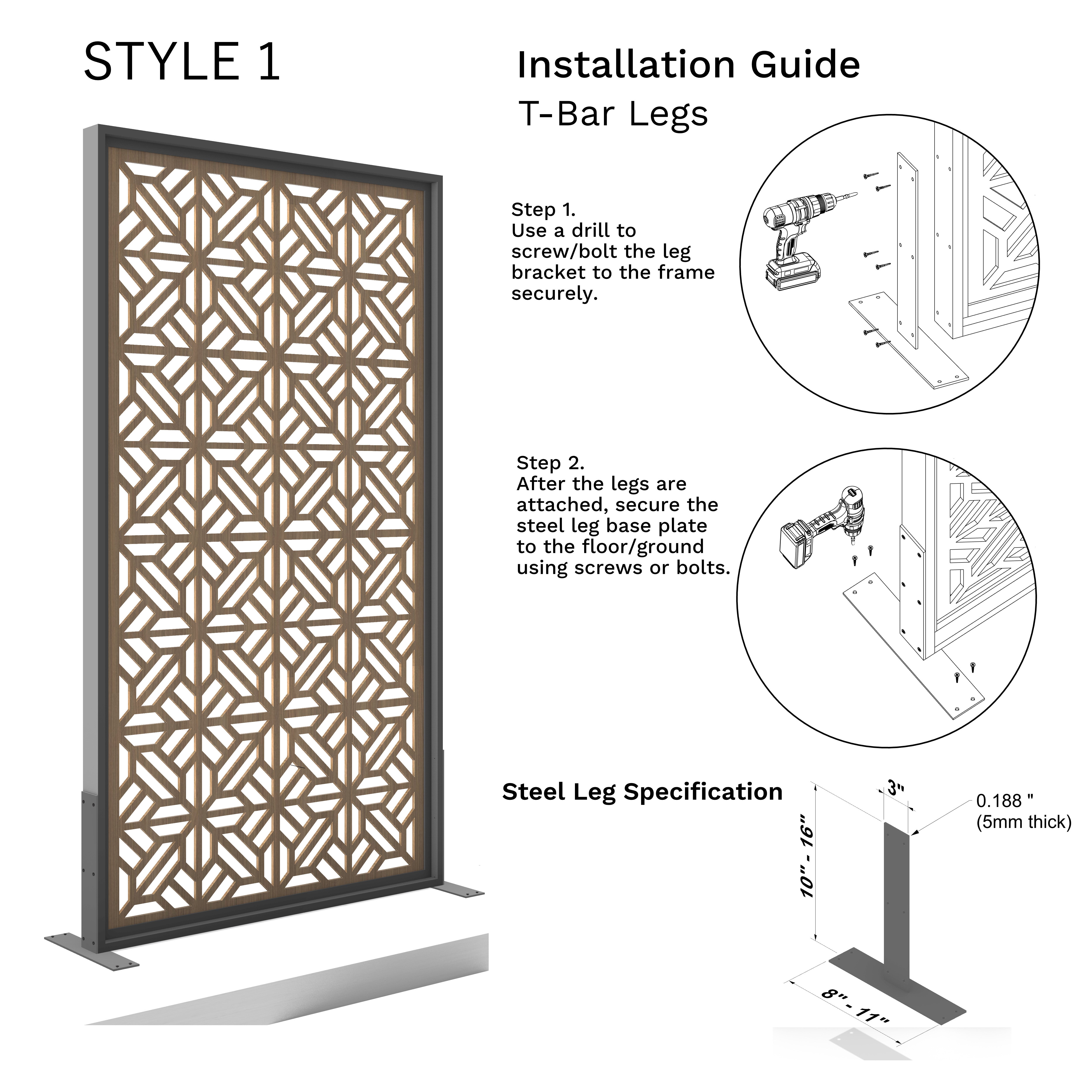 Installation guide for a decorative screen with T-Bar legs on a white background