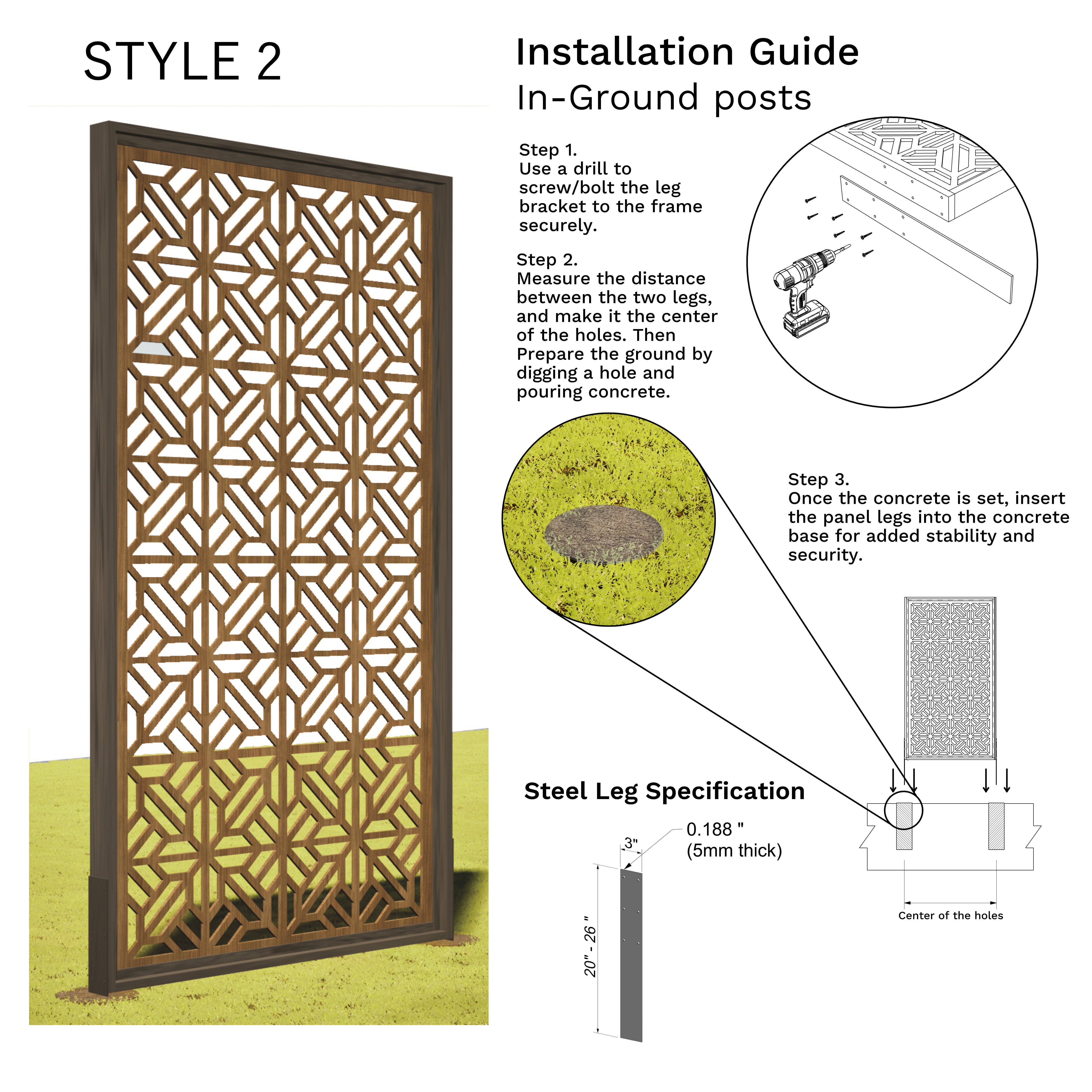 Installation guide for a decorative panel with geometric design, showing steps to install in-ground posts.