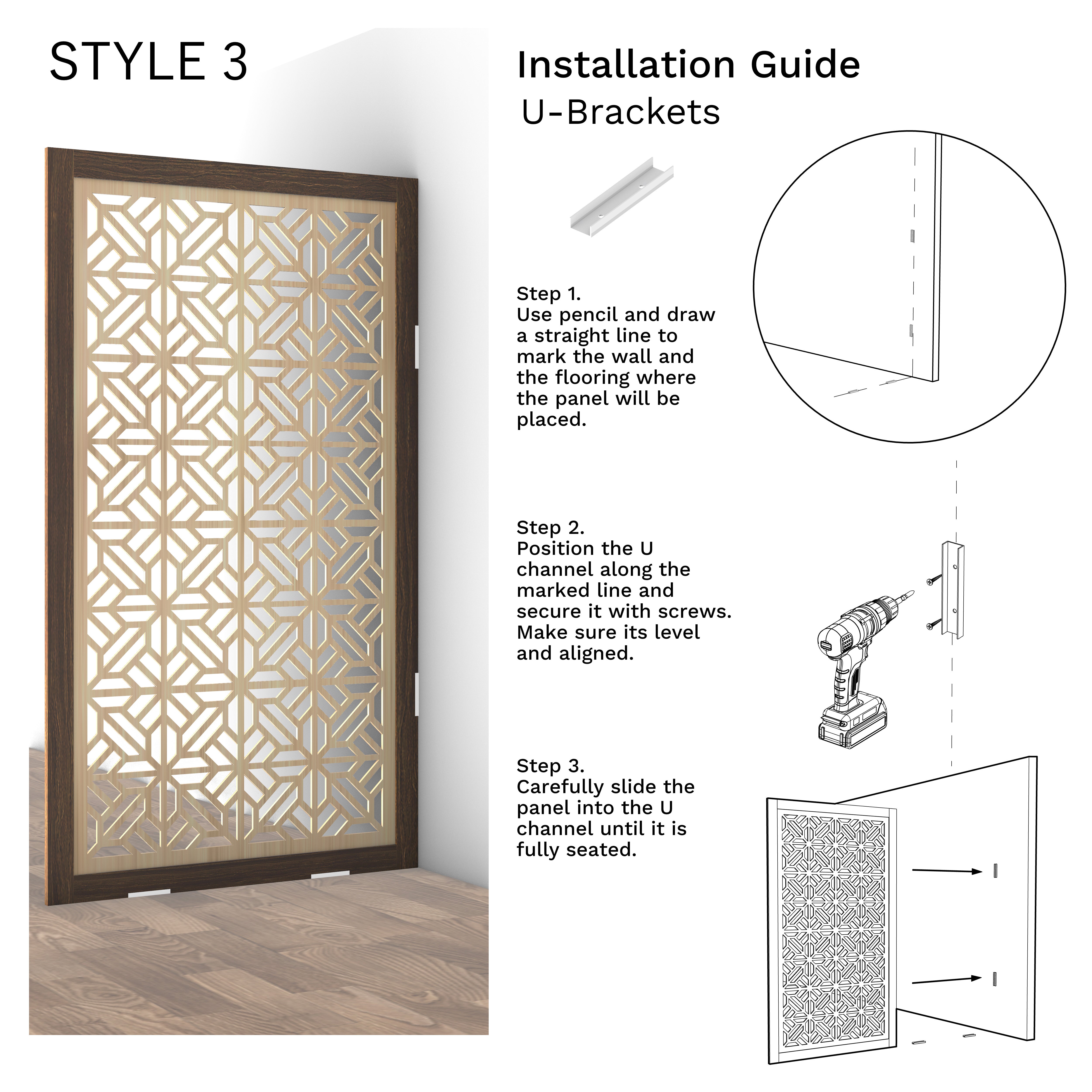 Installation guide for decorative panel with U-brackets on a white background