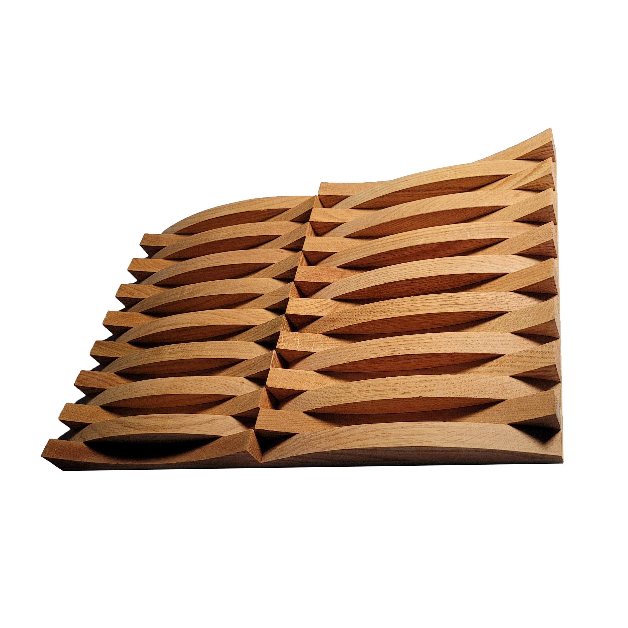 Wooden wall art with geometric pattern on a white background