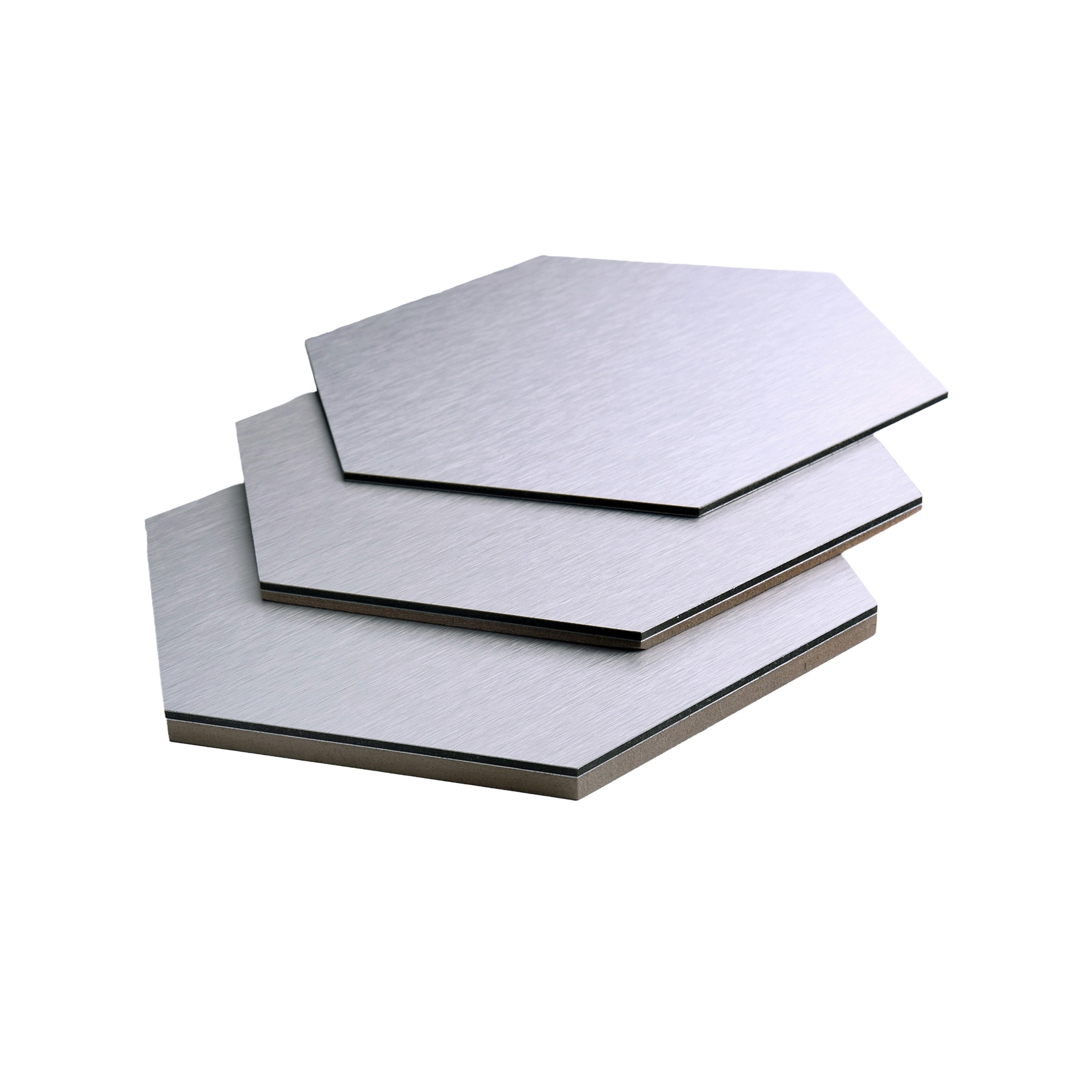 Stack of hexagonal metal plates on a white background