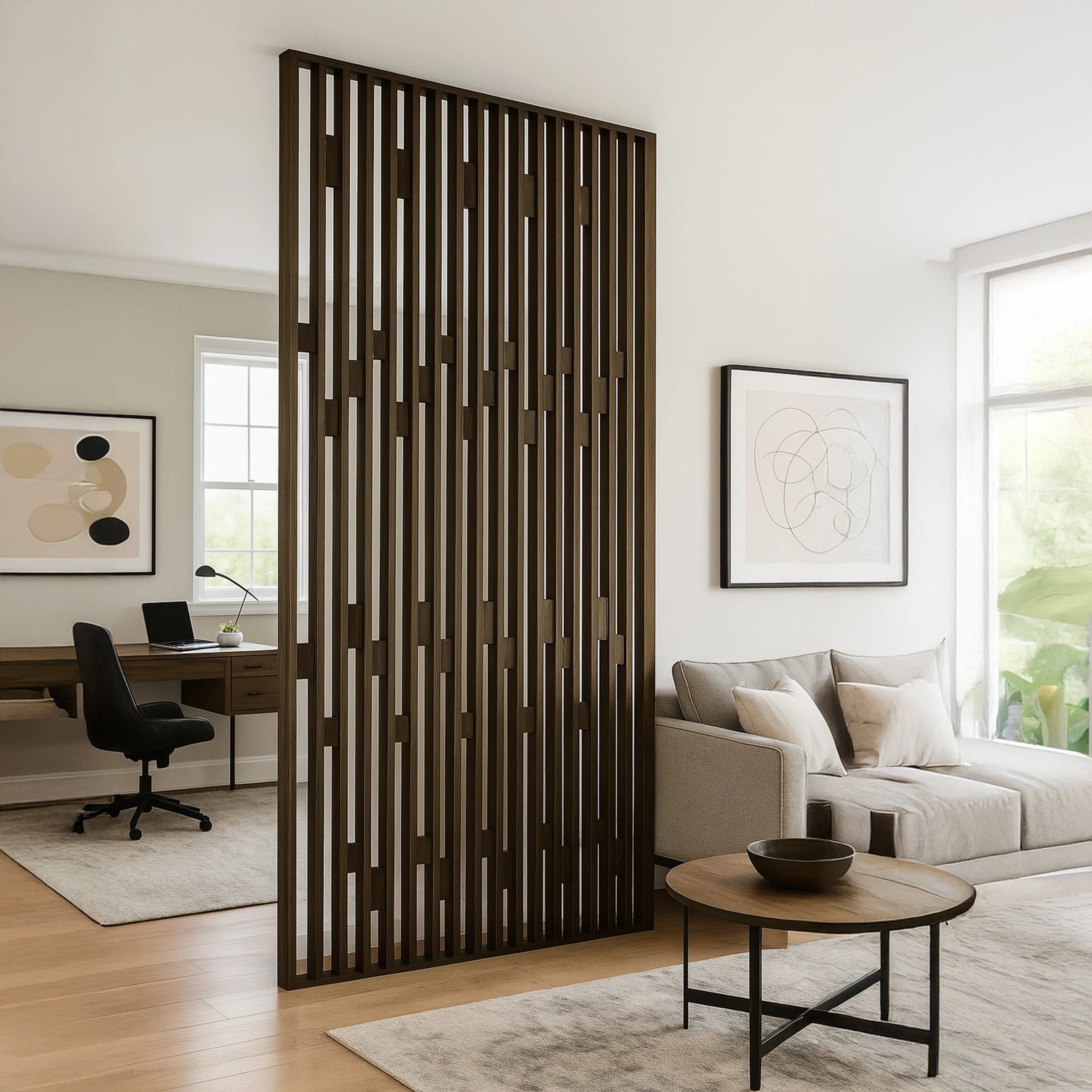 Wooden room divider in a living room with a sofa and coffee table.
