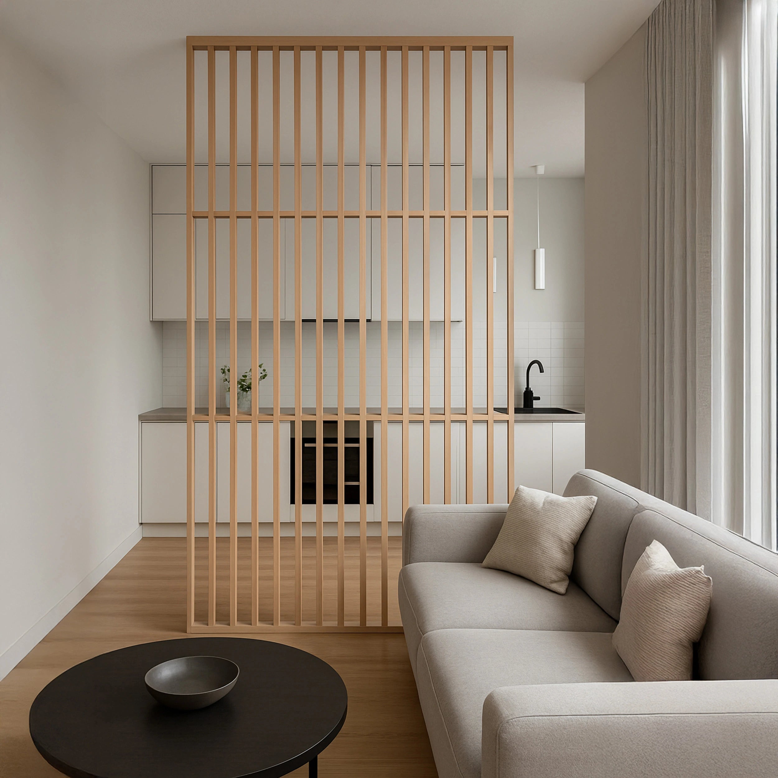 Modern living room with a gray sofa, wooden screen, and black coffee table.
