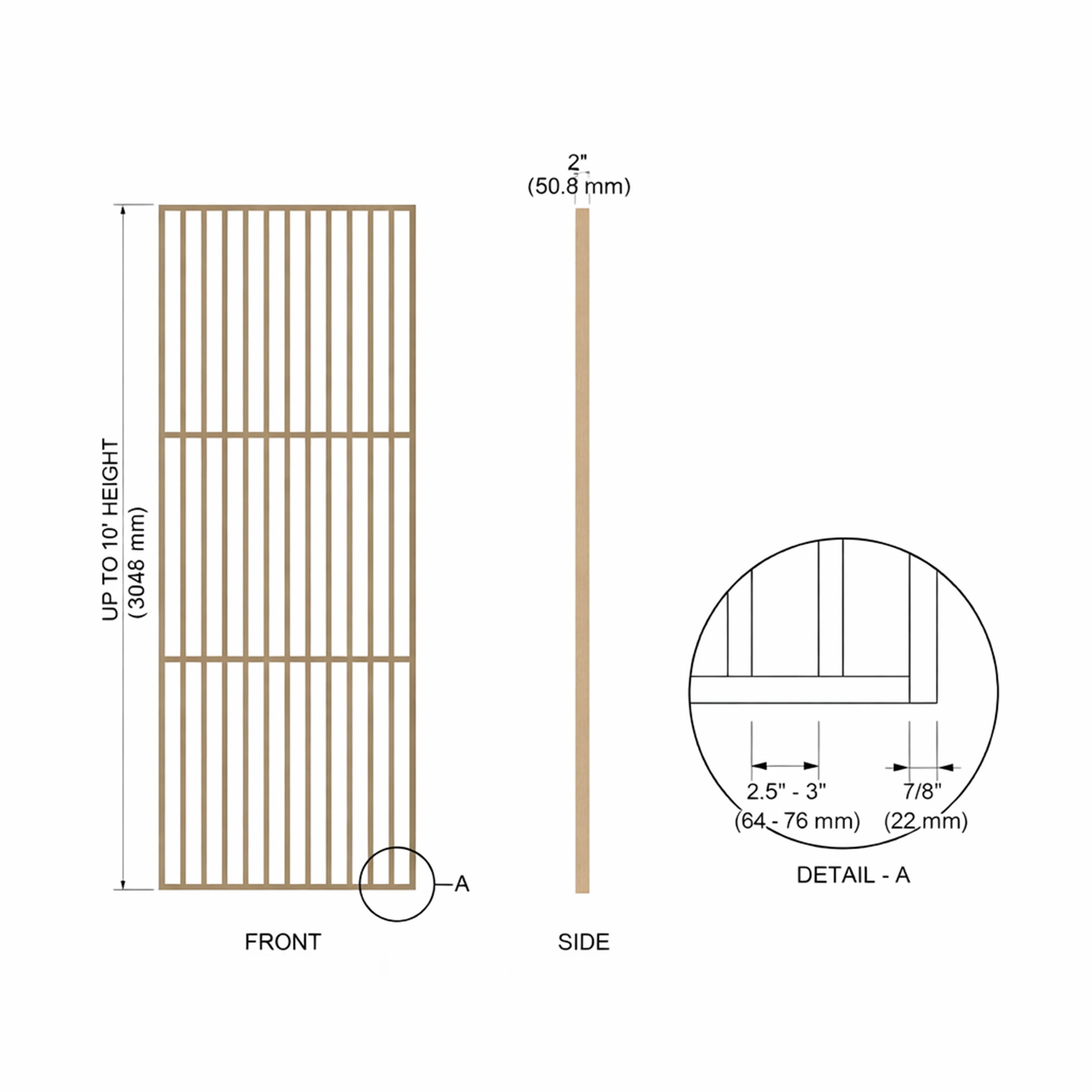 Technical drawing of a cylindrical slat divider with dimensions and details on a white background