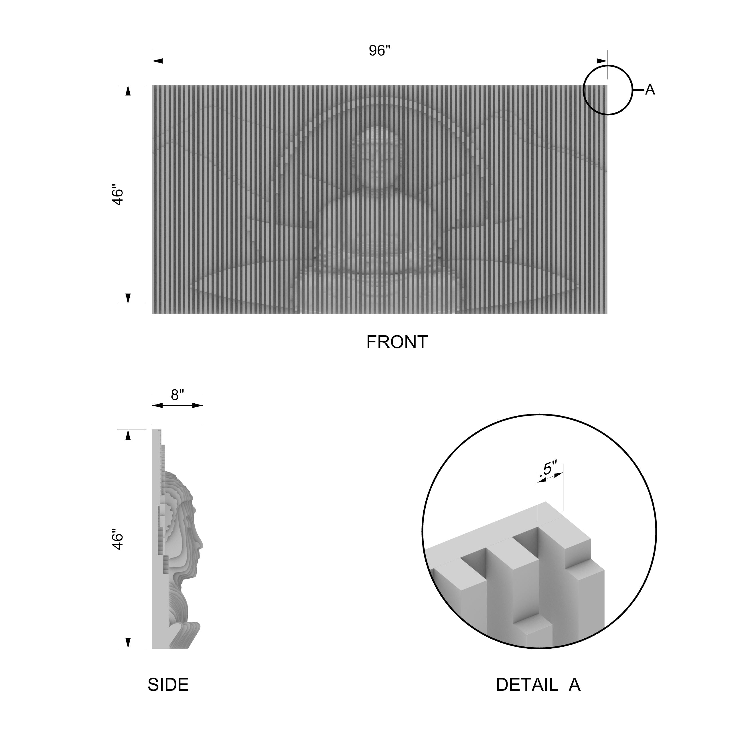 Technical drawing of a rectangular object with dimensions and details