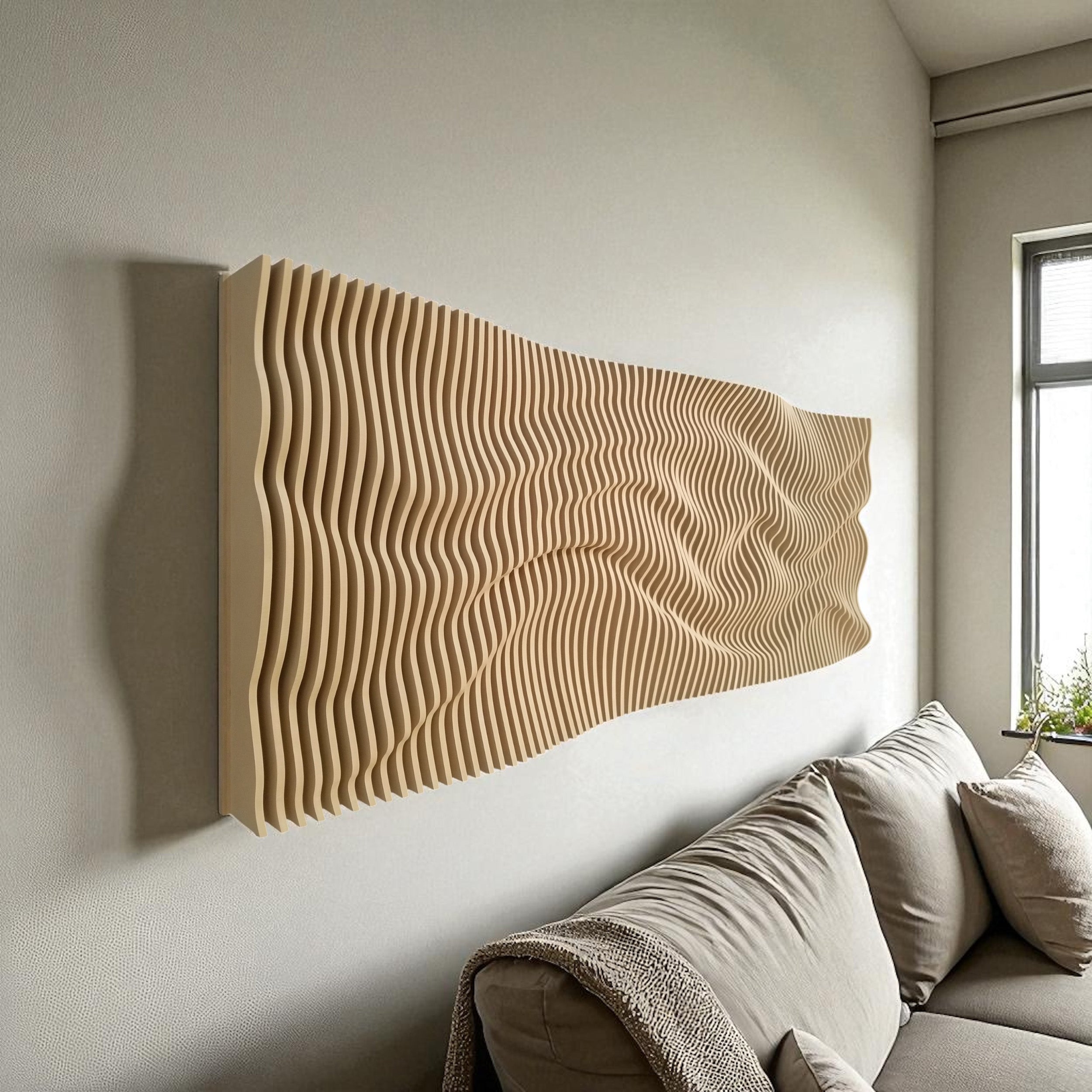 Textured wall panel on a wall above a sofa