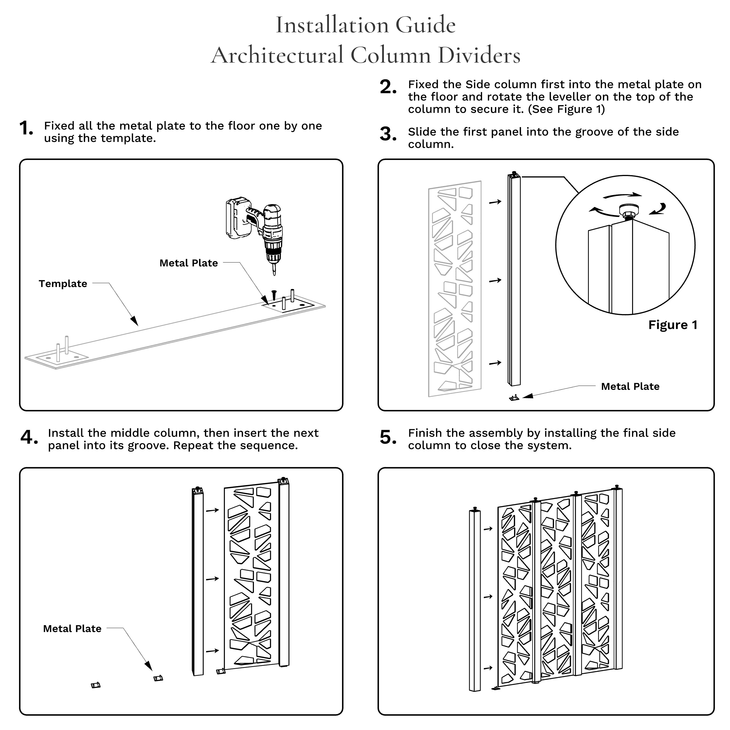Installation guide for architectural column dividers with step-by-step instructions and diagrams.