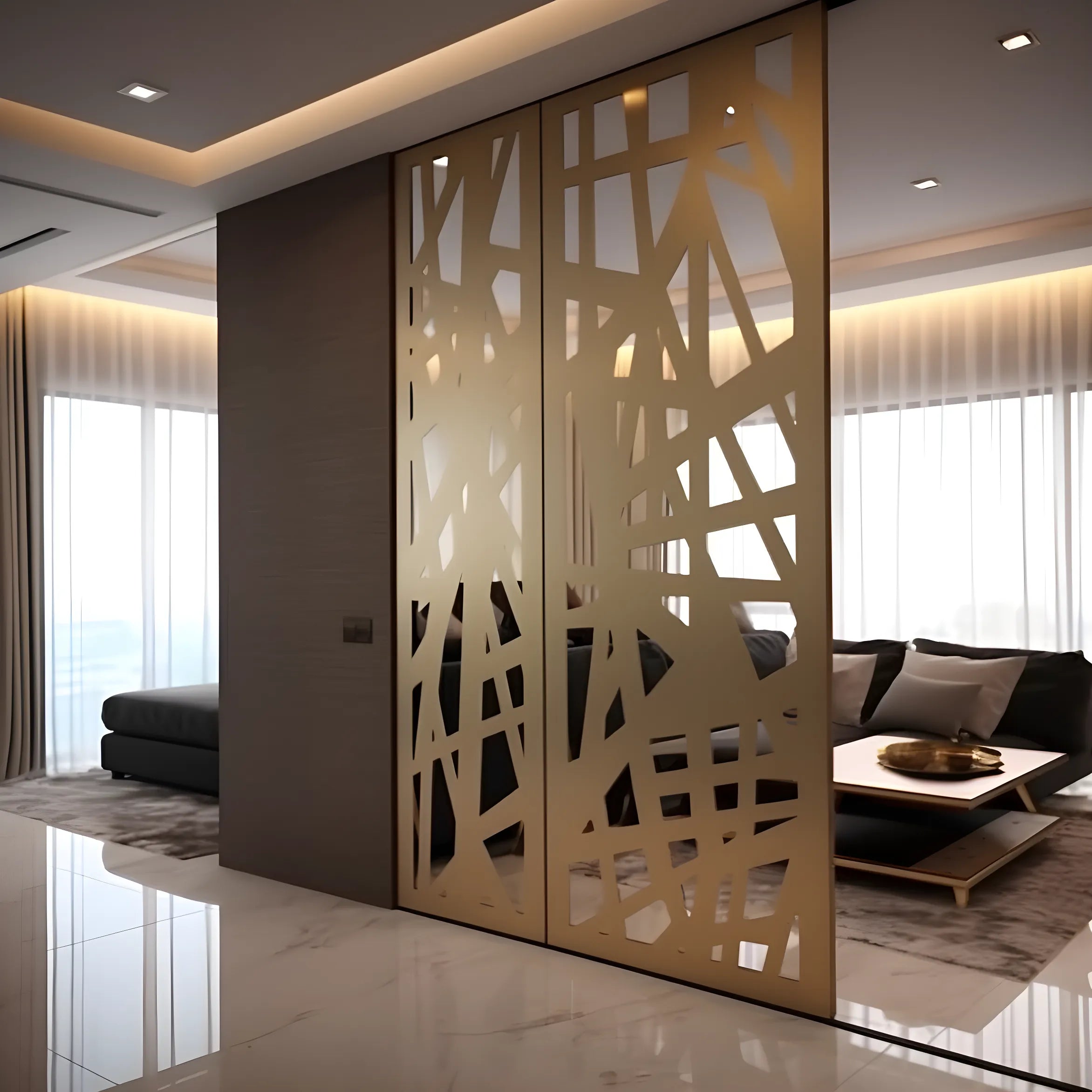 Modern living room with decorative partition wall