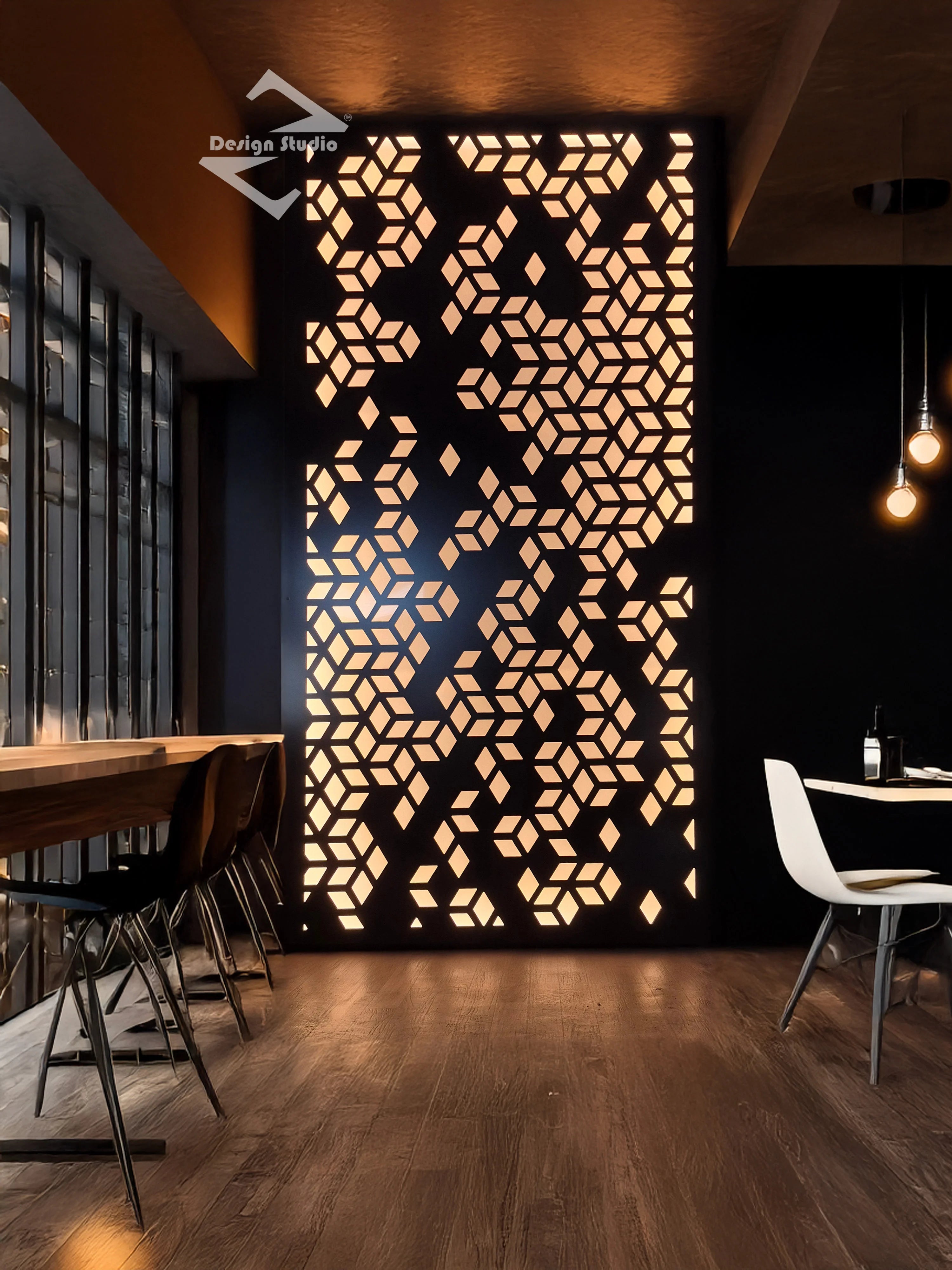 Decorative wall panel with geometric pattern in a modern interior setting