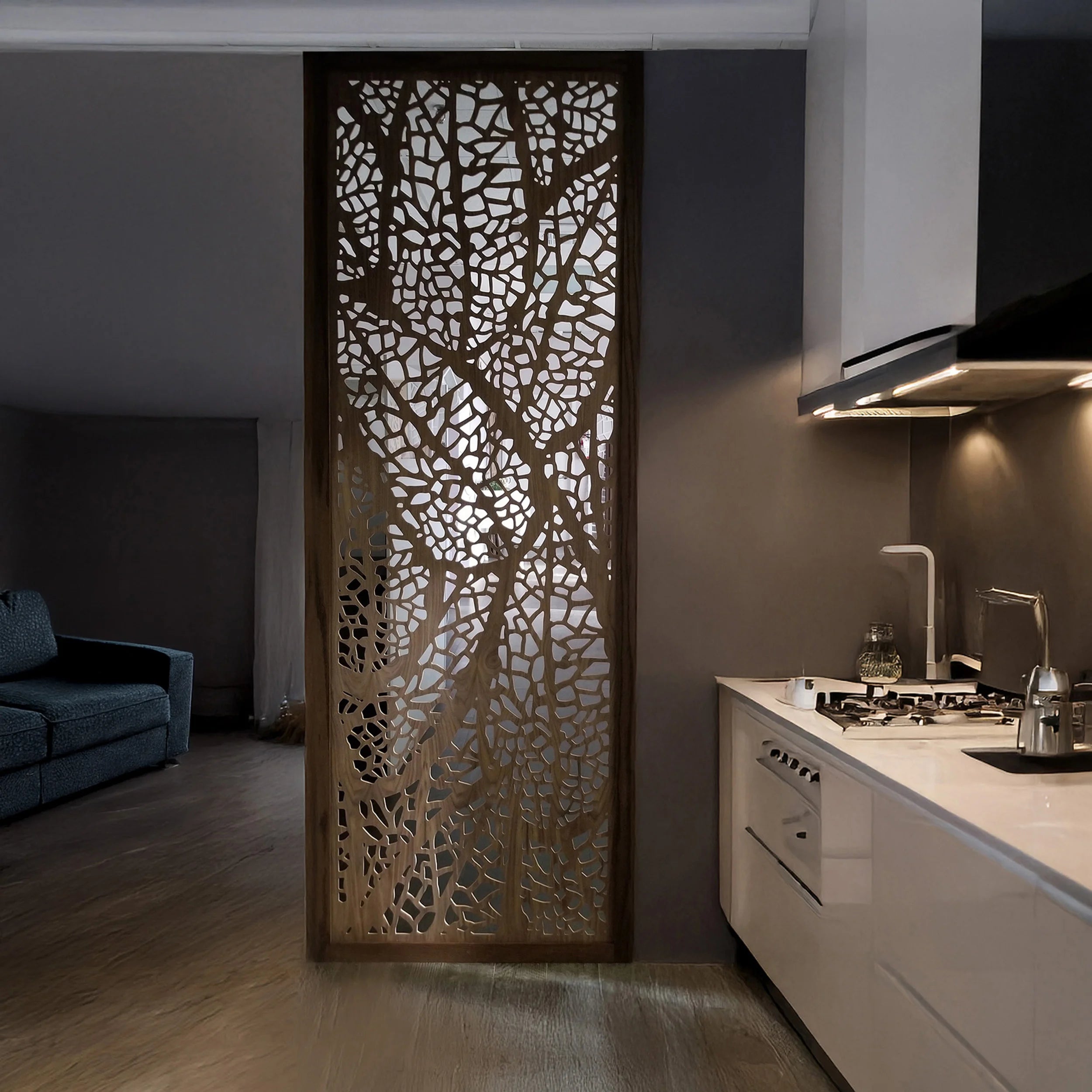 Modern kitchen with decorative screen between living room and kitchen