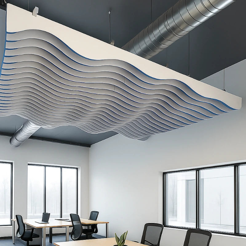 Modern office interior with wavy ceiling design