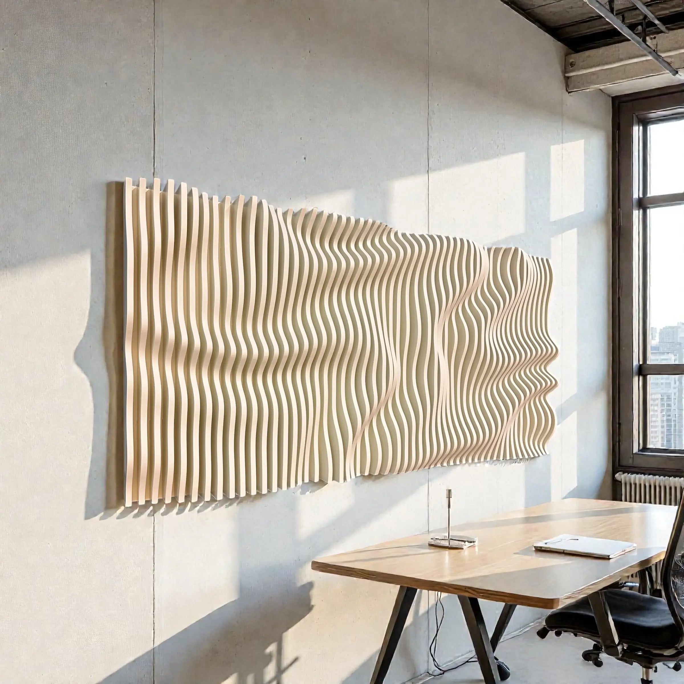 Modern office interior with a wavy wooden wall art piece.