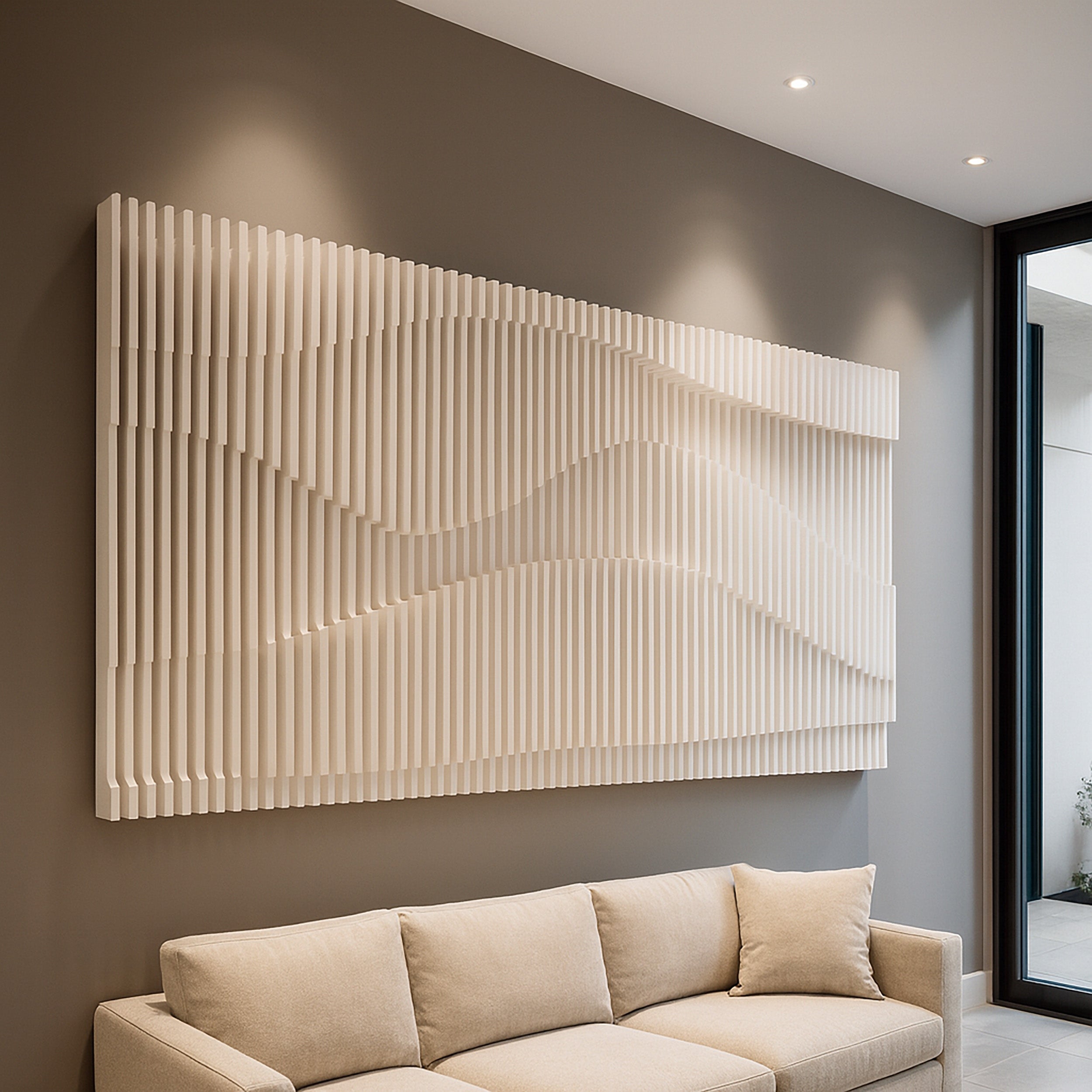 Beige wall art panel on a gray wall above a beige sofa in a modern living room.